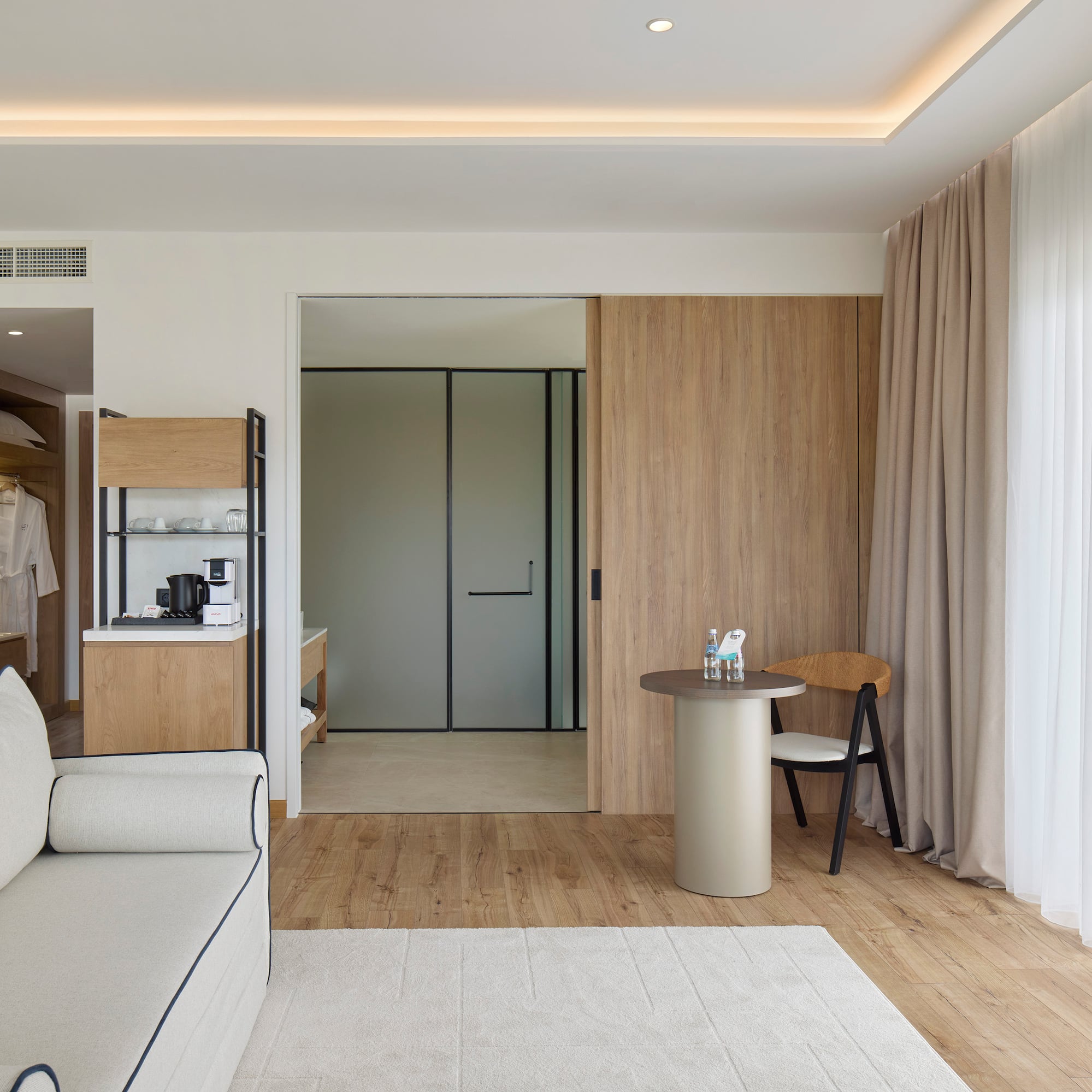 a room with a couch and a table