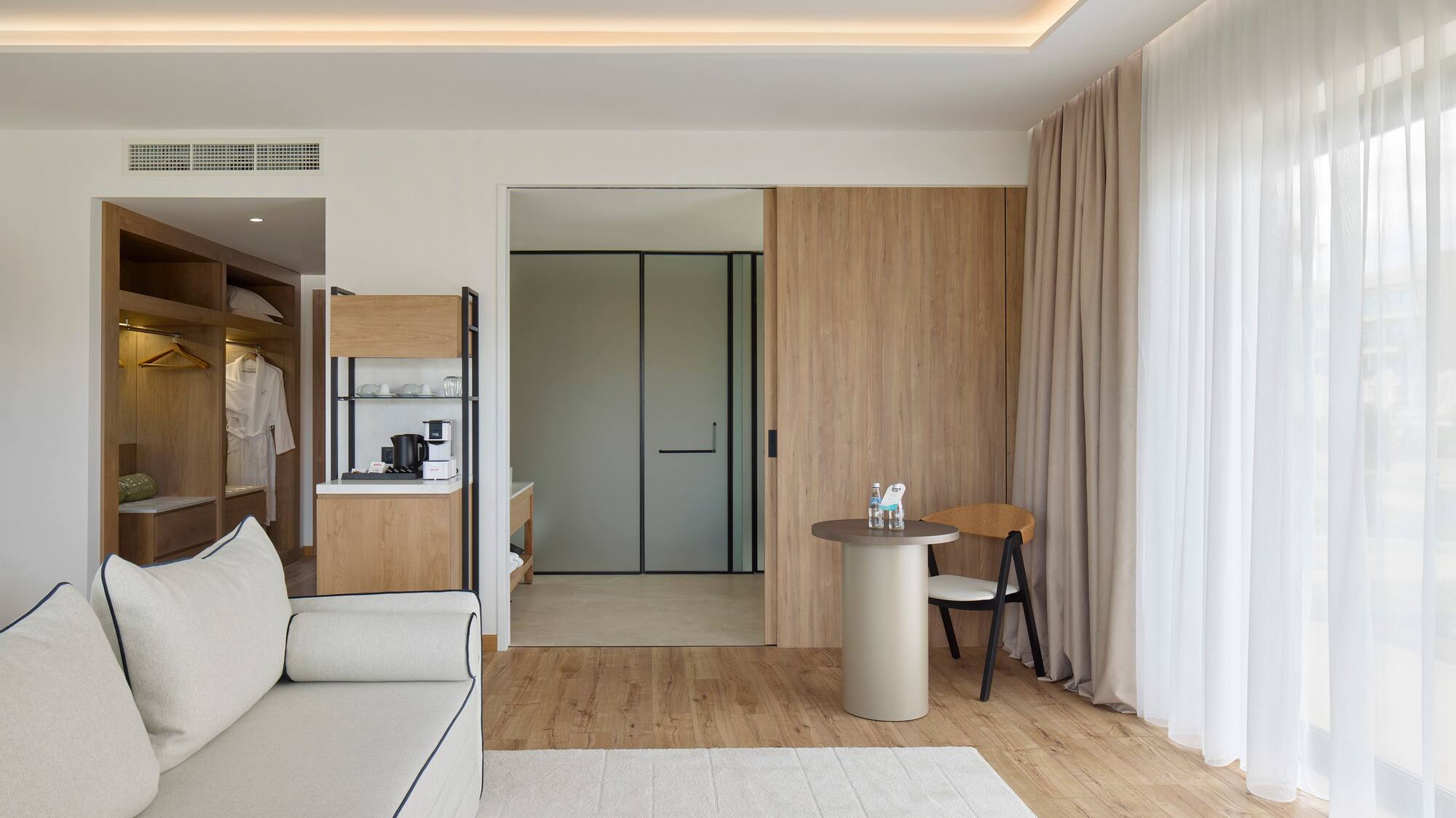 a room with a couch and a table