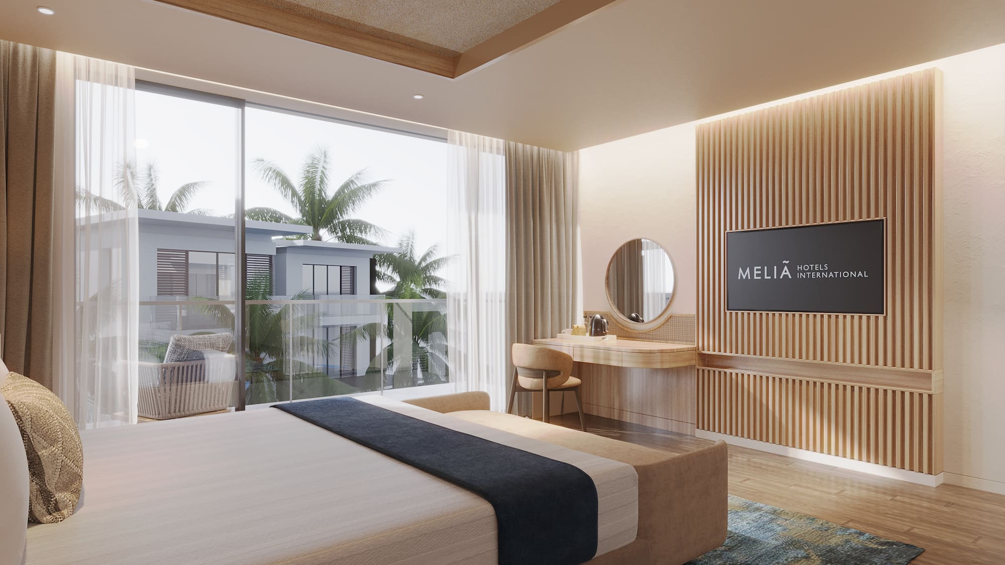 a bedroom with a large window and a television