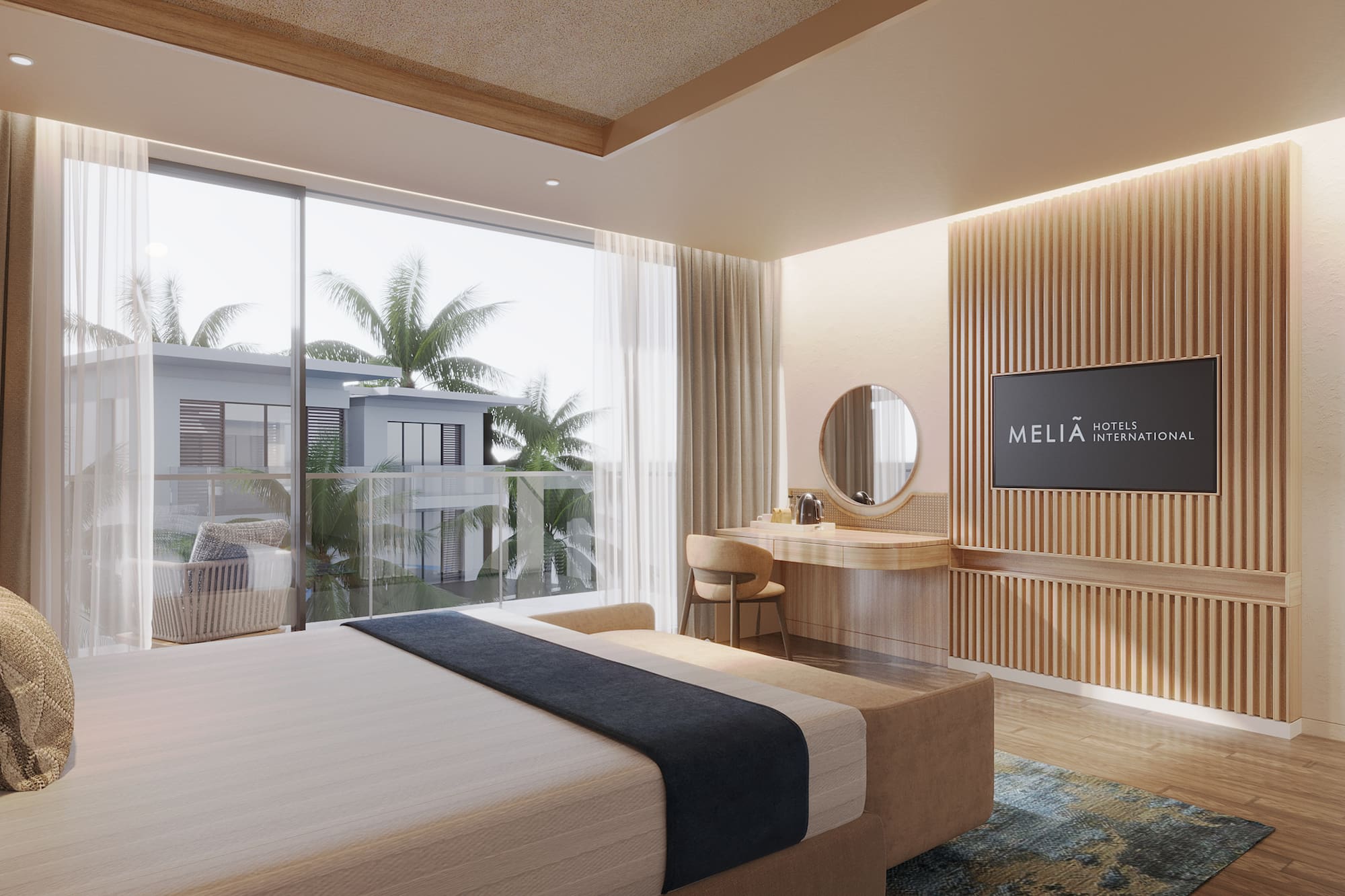 a bedroom with a large window and a television