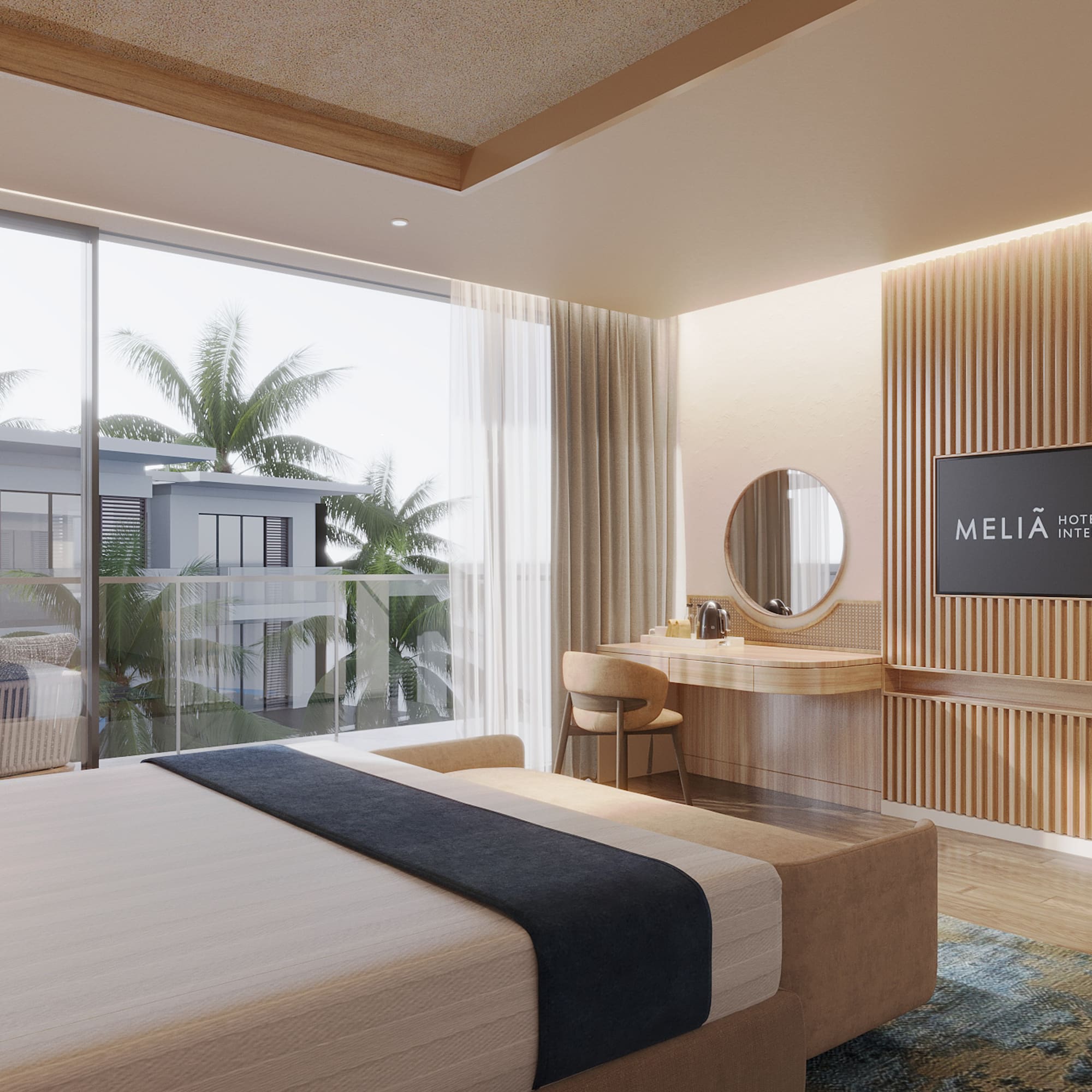 a bedroom with a large window and a television