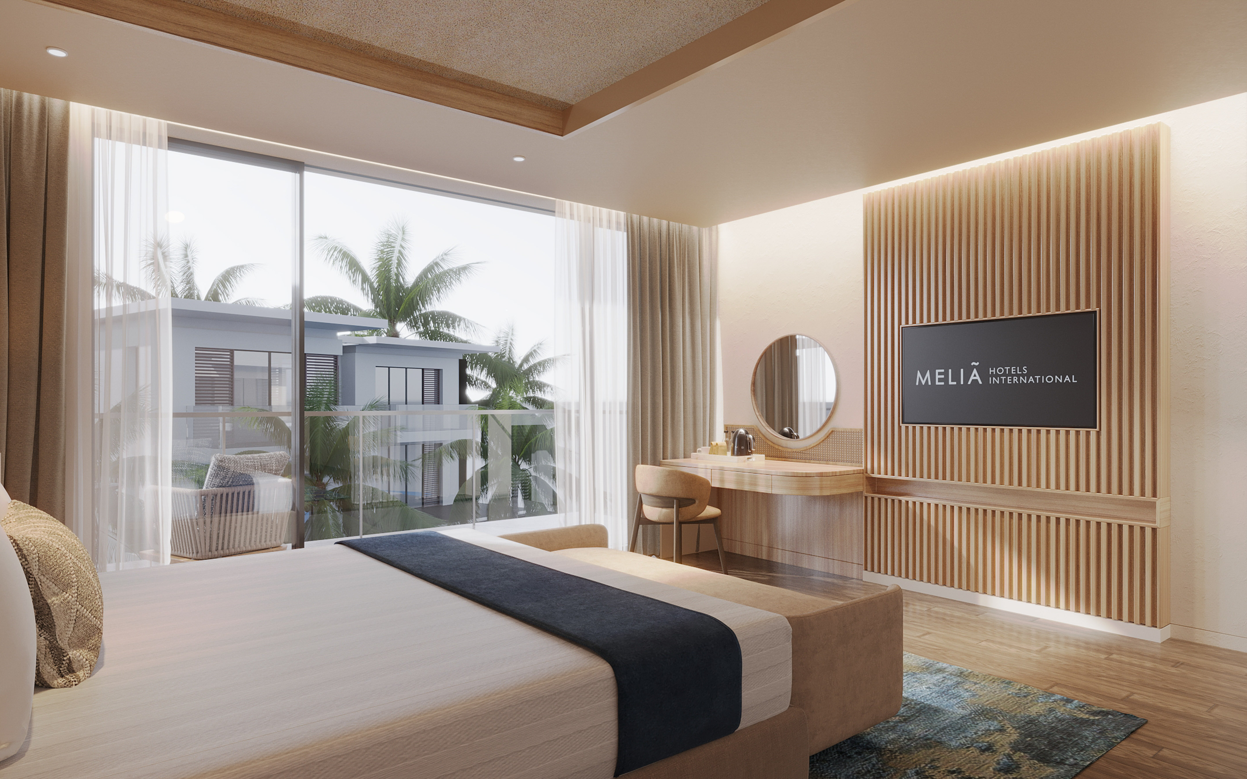 a bedroom with a large window and a television