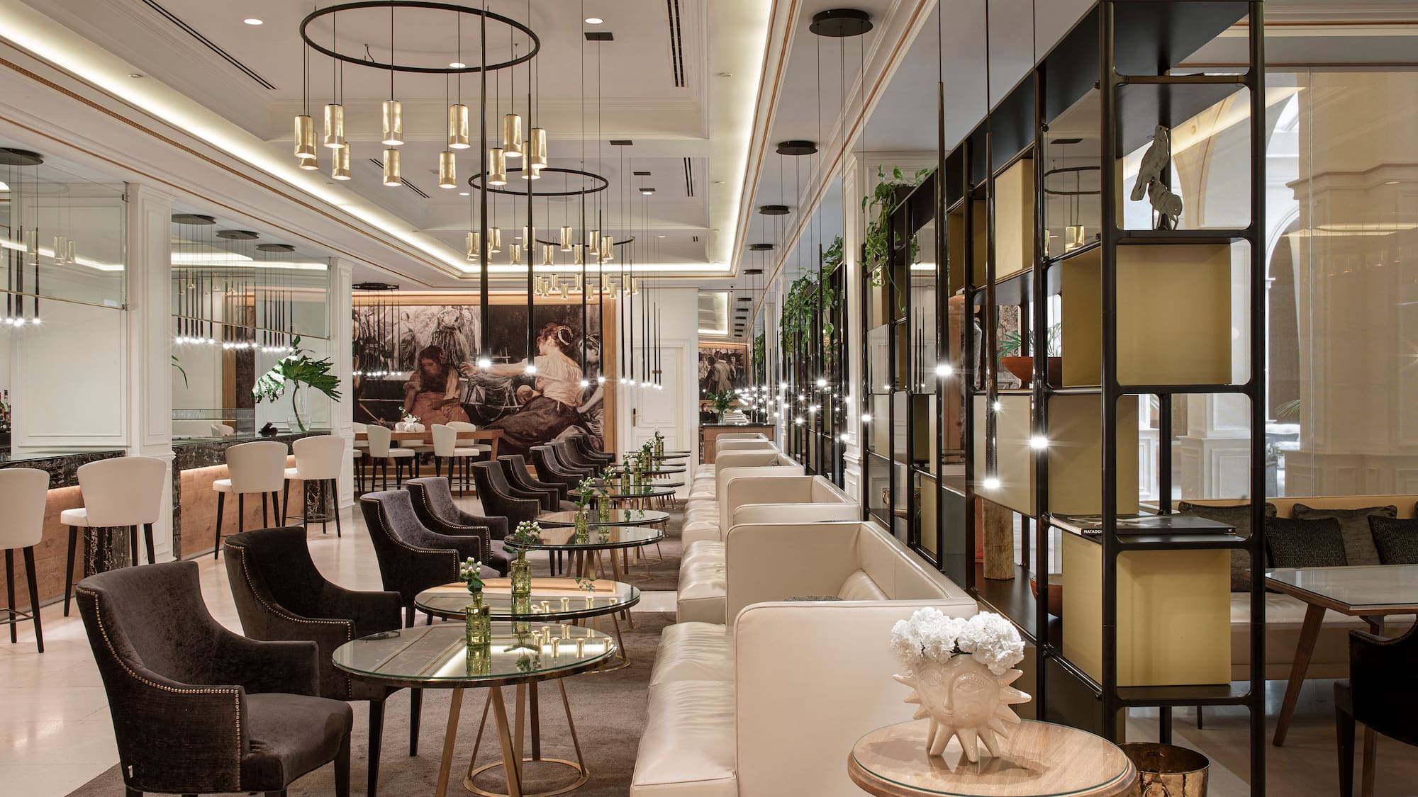 a room with tables and chairs