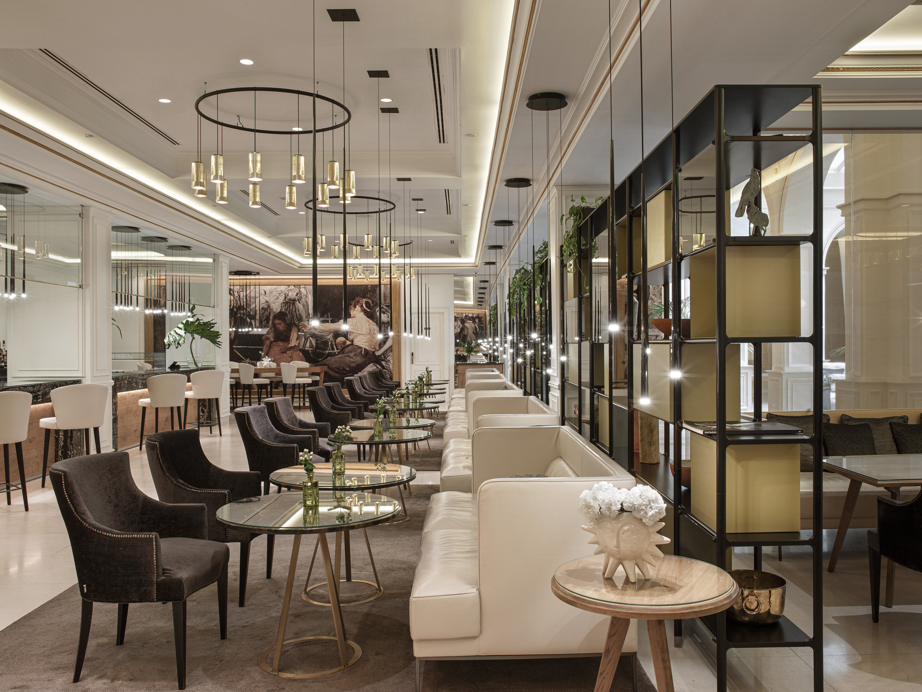 a room with tables and chairs