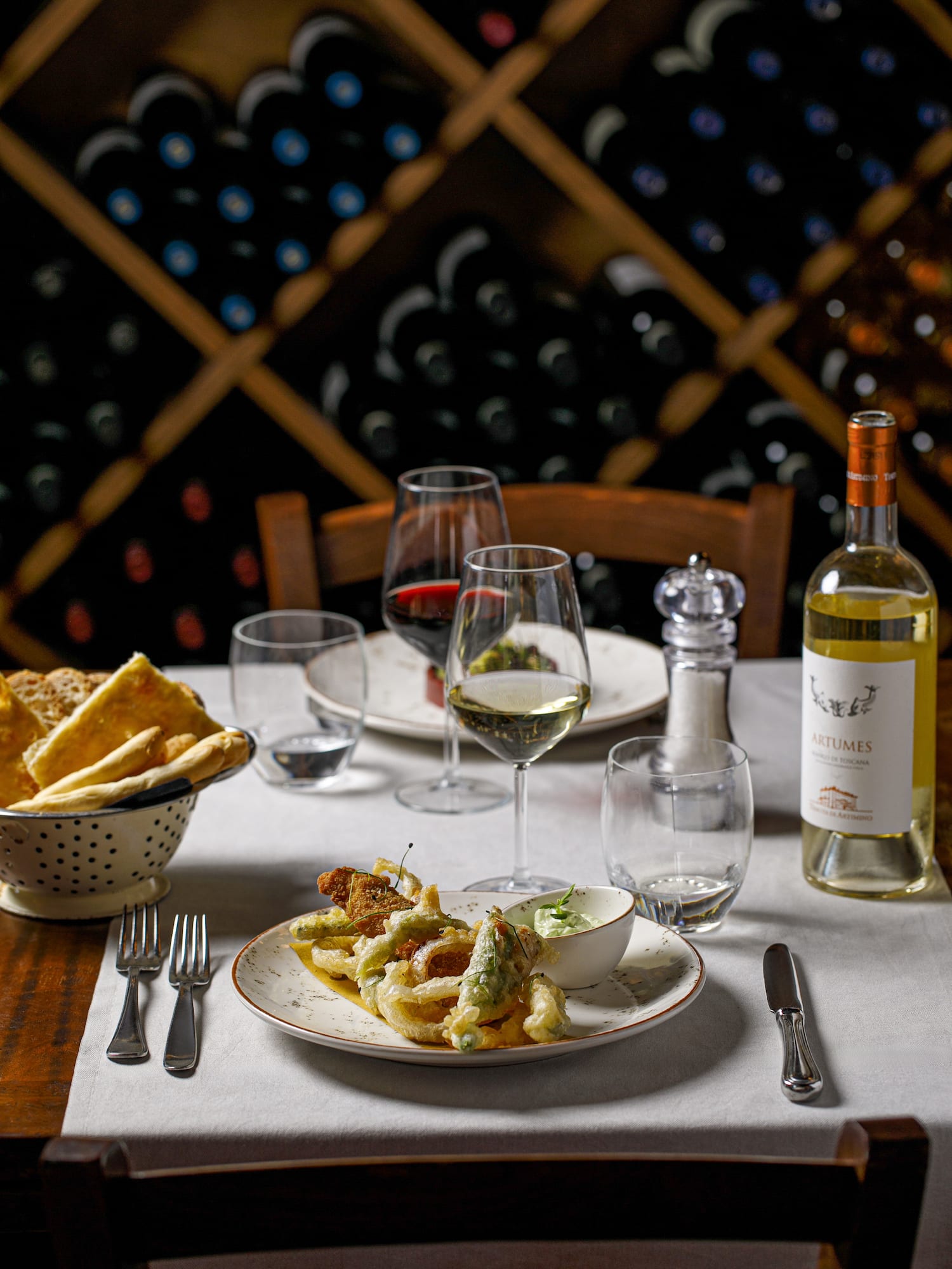 a table with food and wine