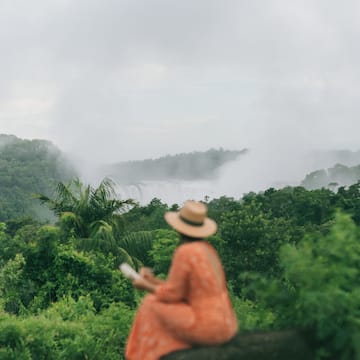 a woman sitting on a ledge looking at a waterfall