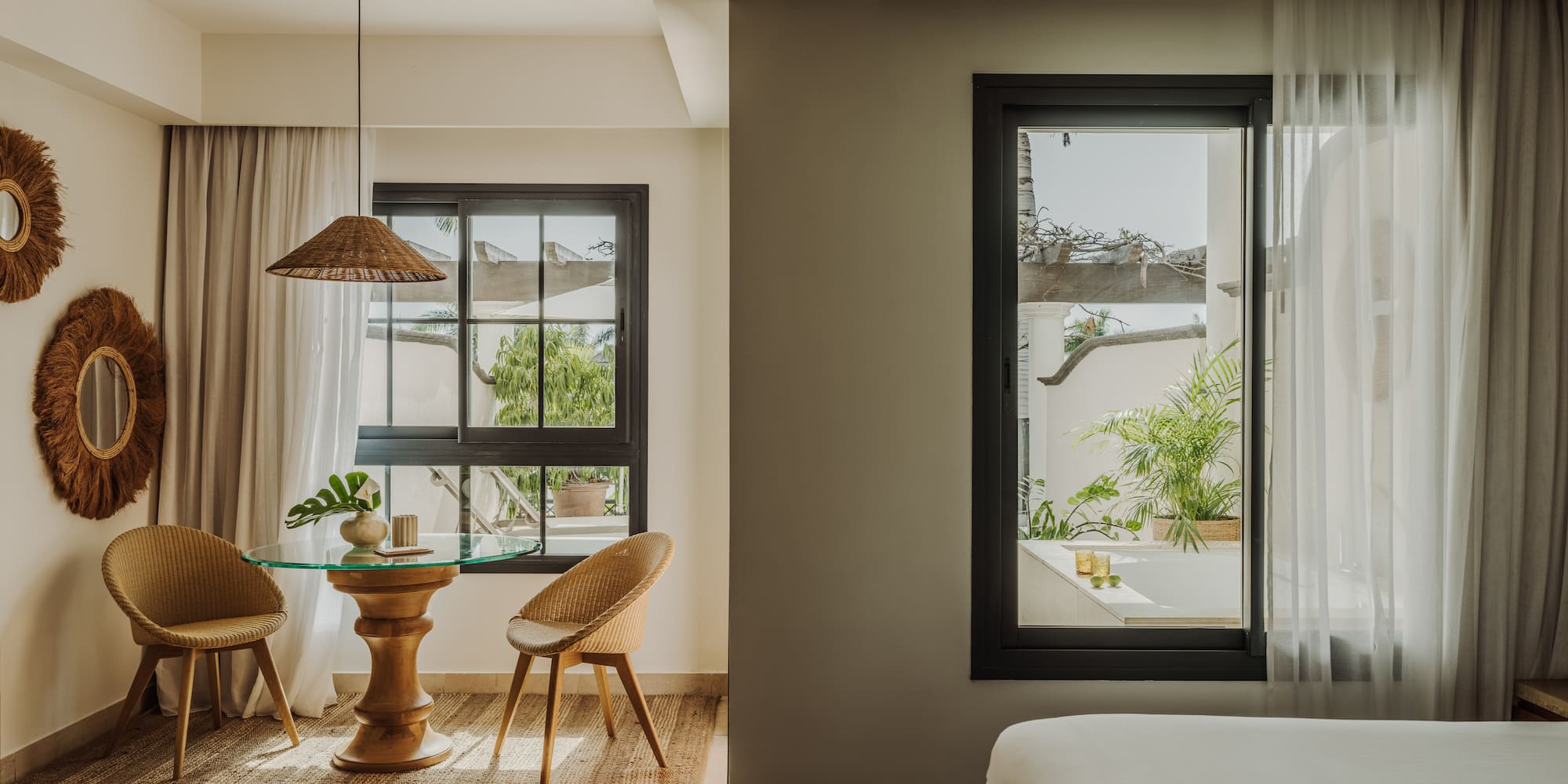 a room with a table and chairs