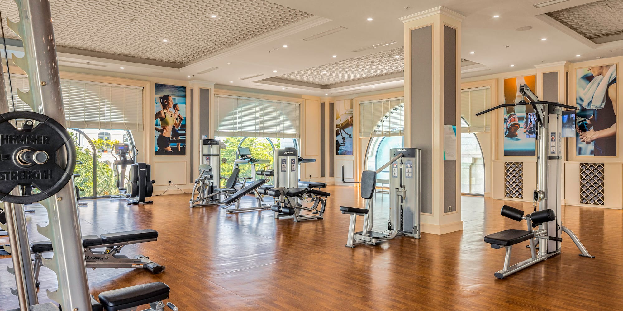 a large room with exercise equipment