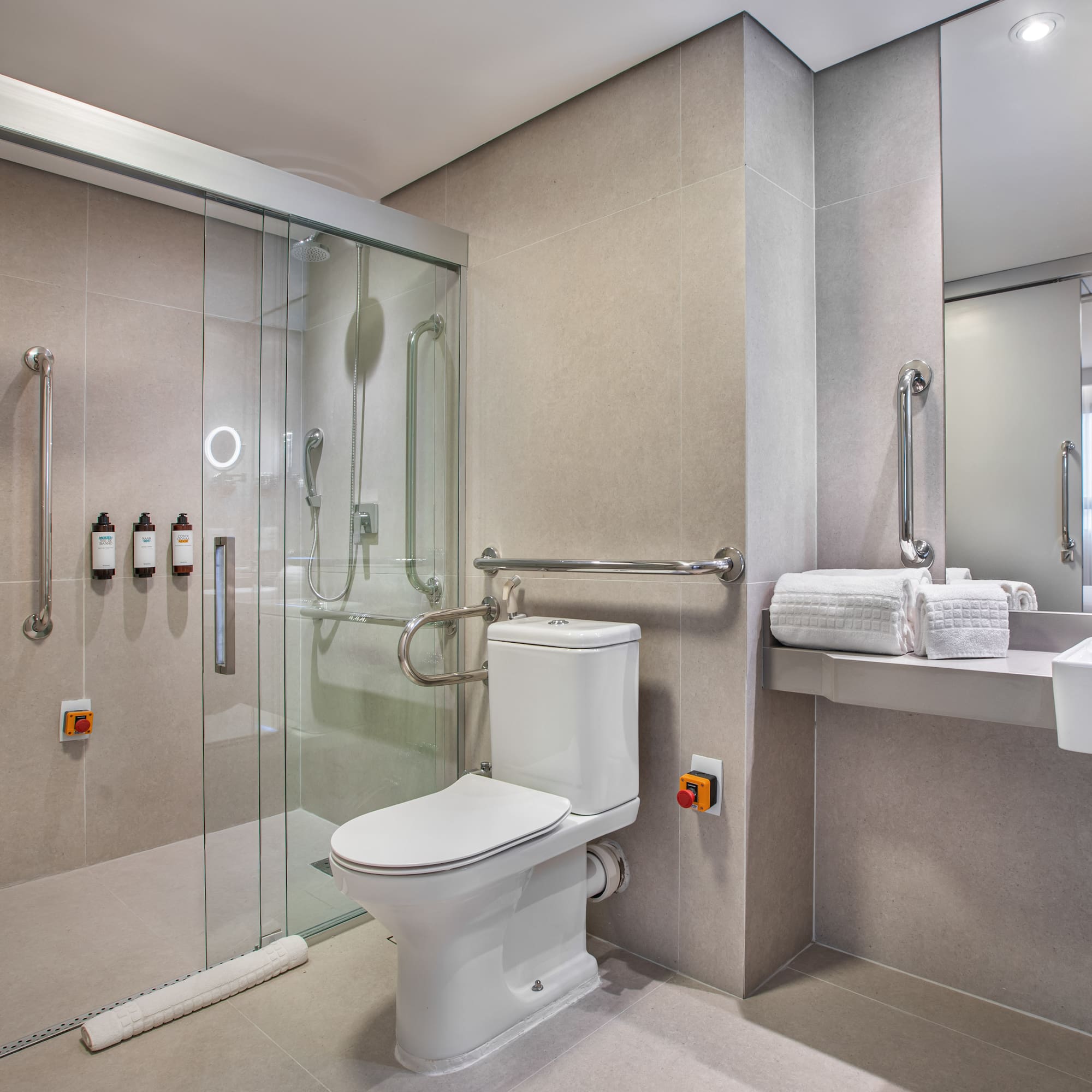 Handicap accessible bathroom with roll-in shower, toilet, and grab bars.