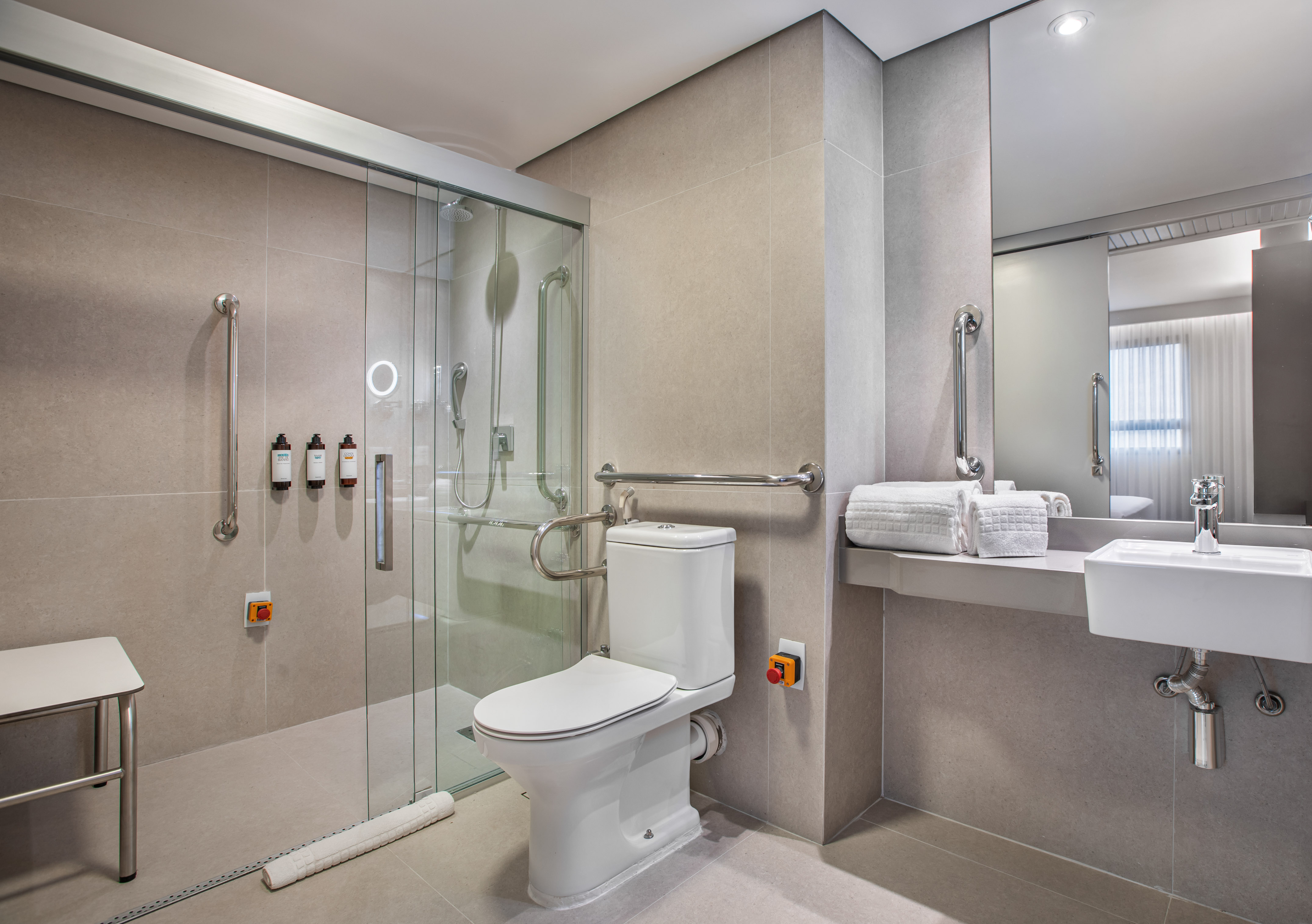 Handicap accessible bathroom with roll-in shower, toilet, and grab bars.