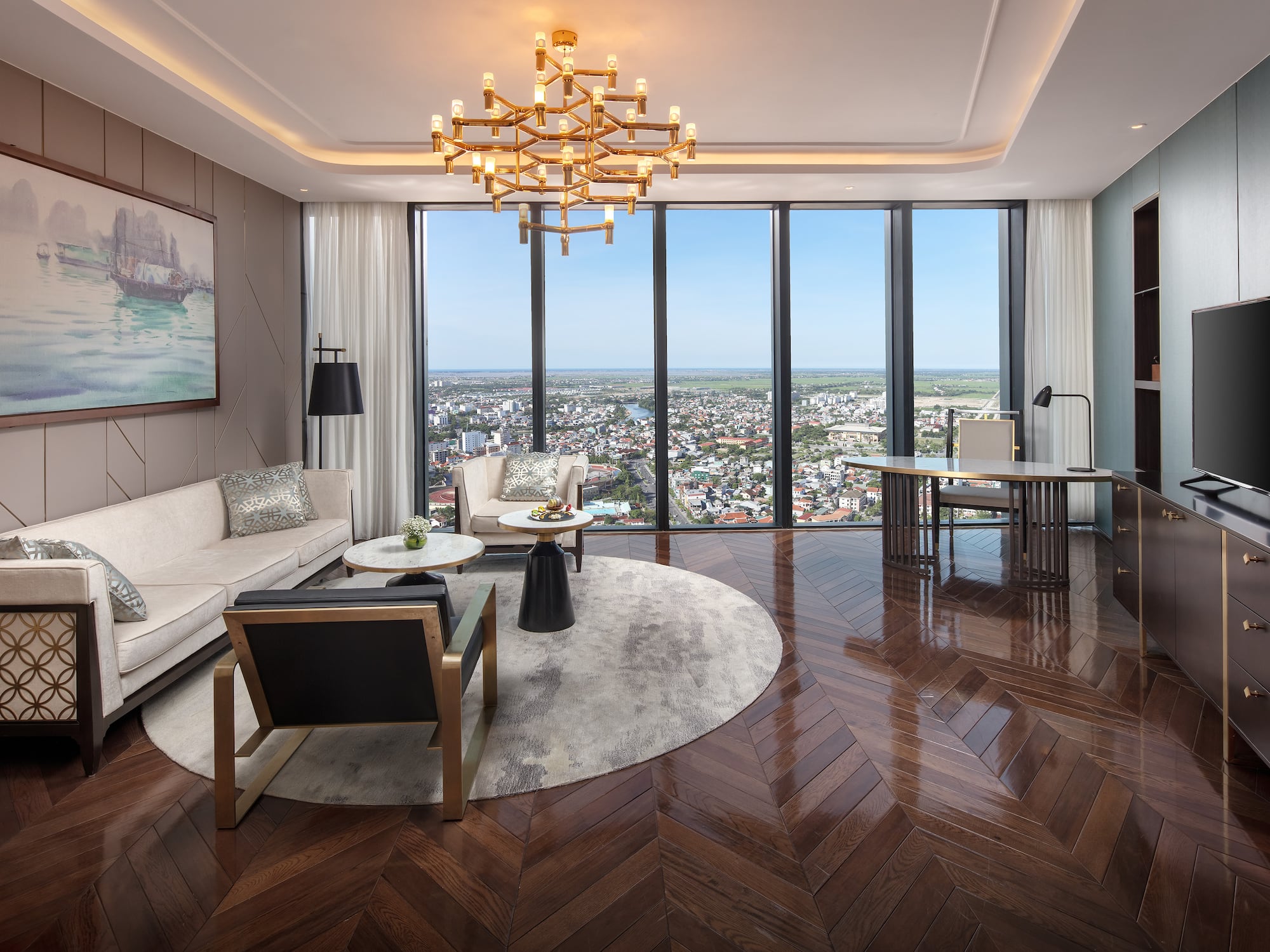 a living room with a view of a city