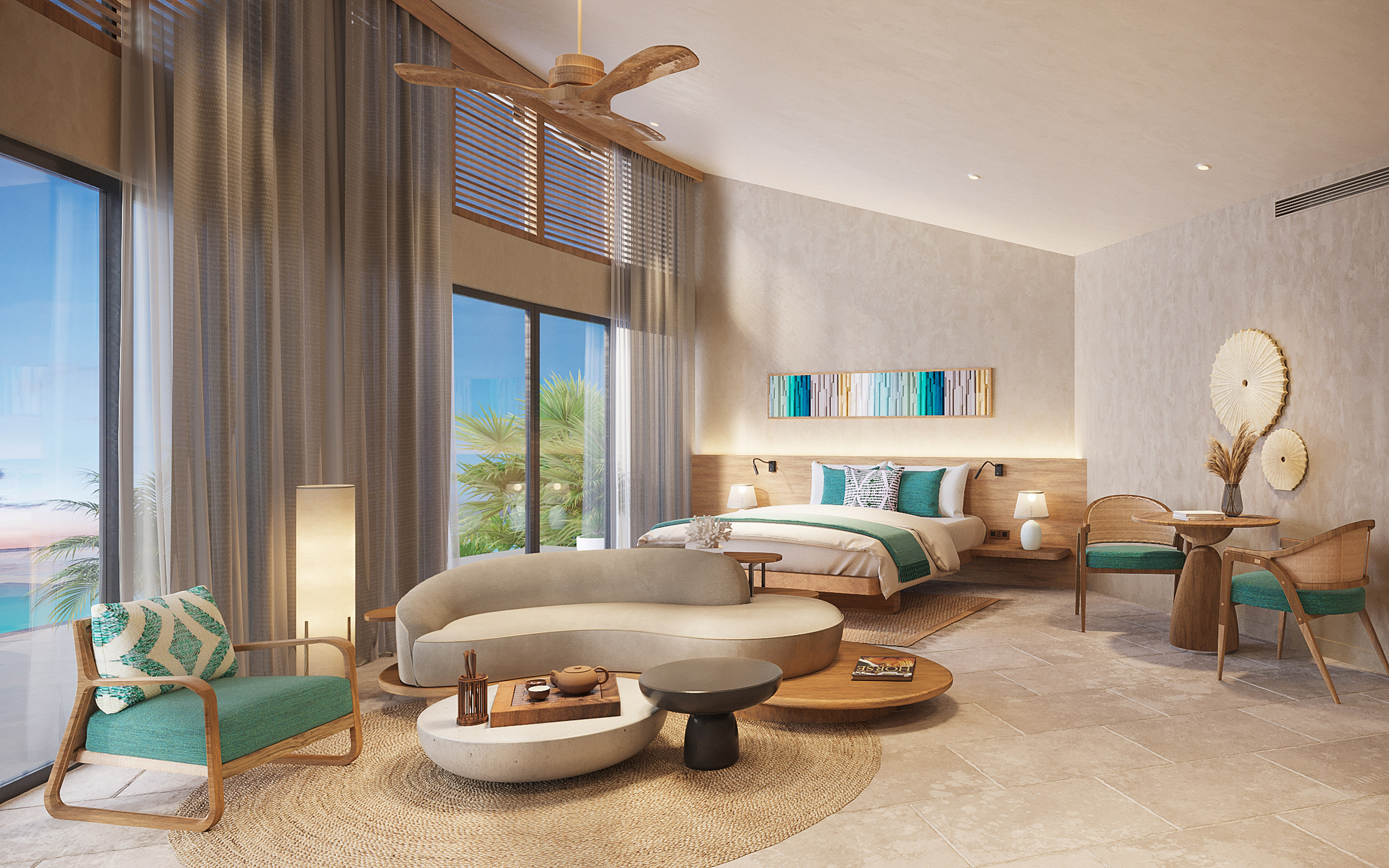 Luxury tropical bedroom suite with ocean view, modern furniture, and natural decor.