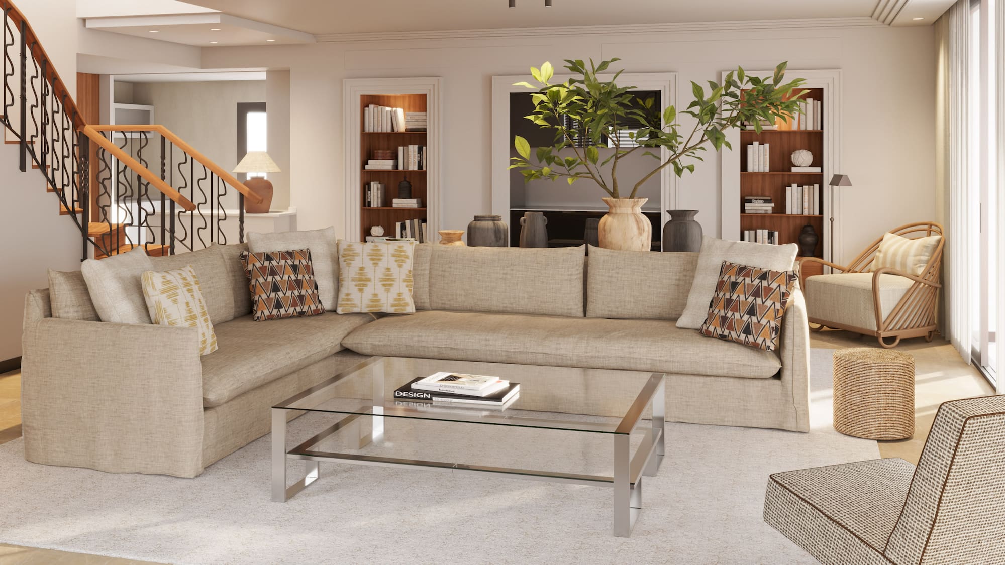 a living room with a couch and a coffee table