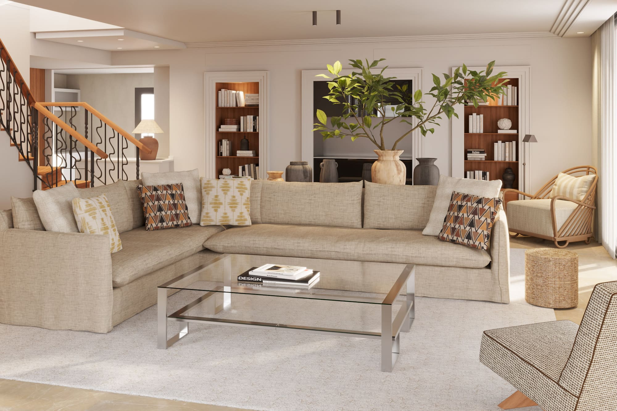 a living room with a couch and a coffee table