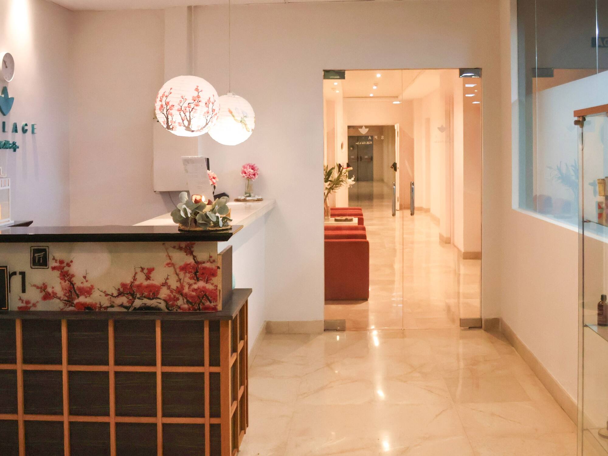 a reception desk in a hallway