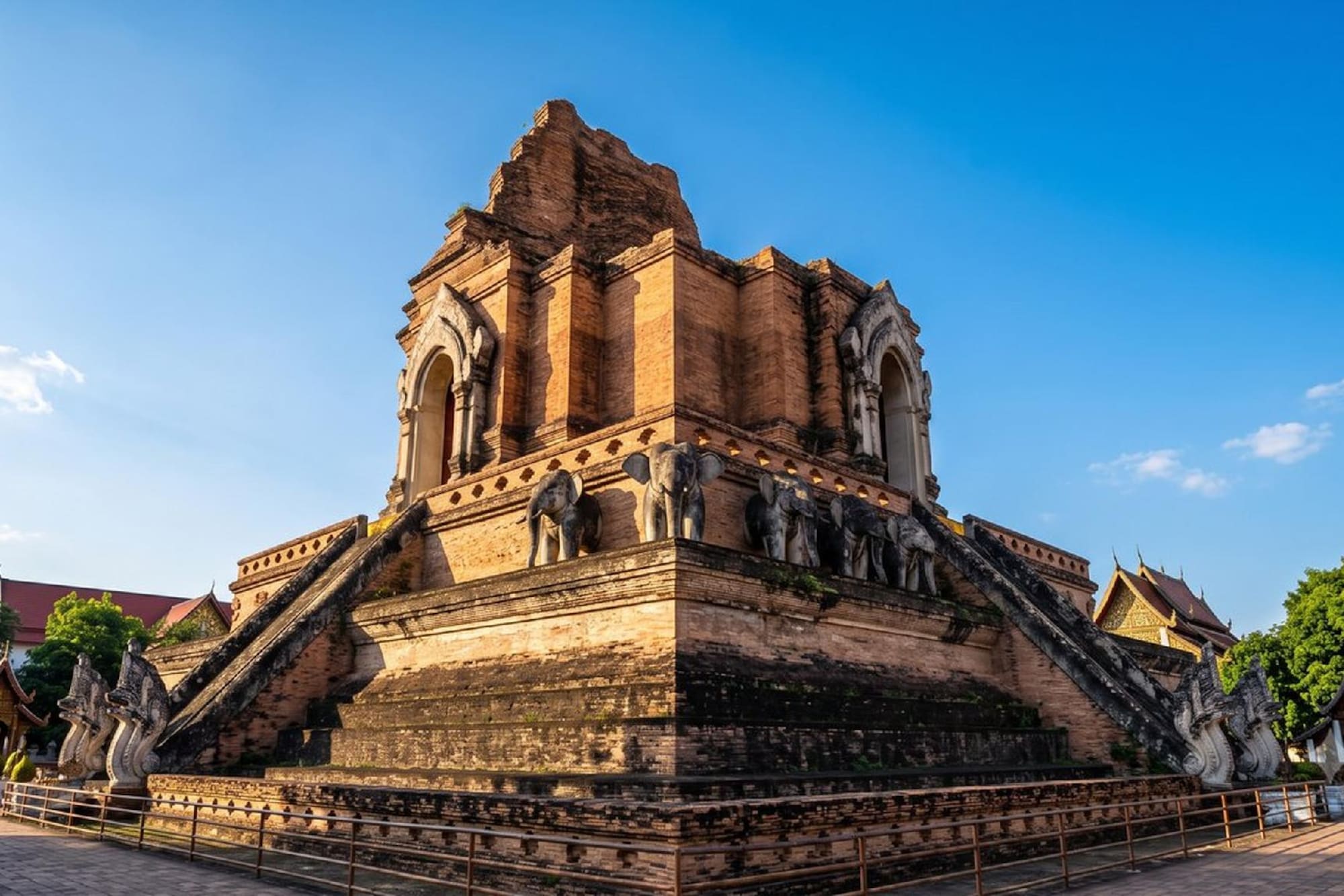 Wat Chedi Luang temple, Chiang Mai. Ancient brick stupa with elephant statues.