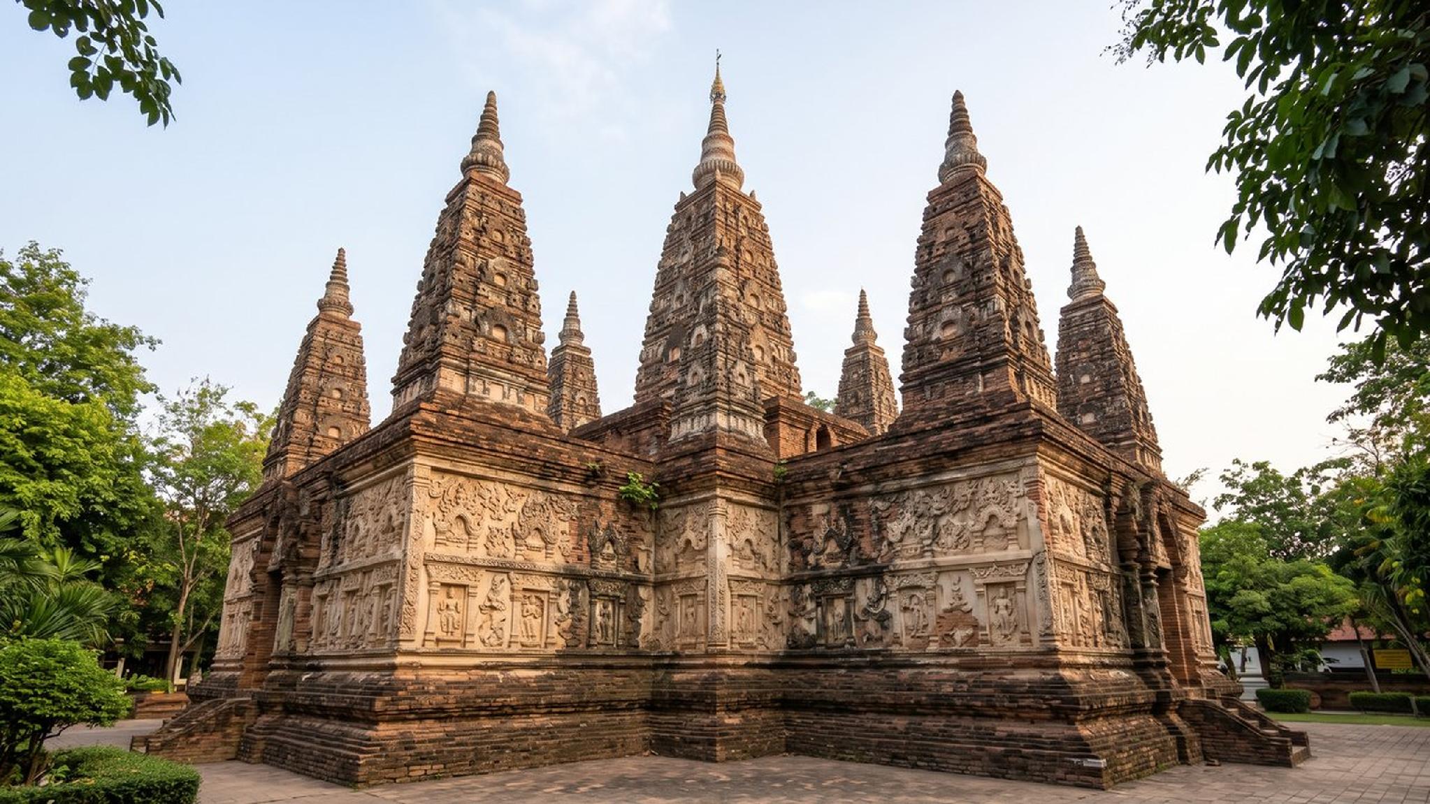 Brick Buddhist temple with multiple spires and intricate relief carvings.