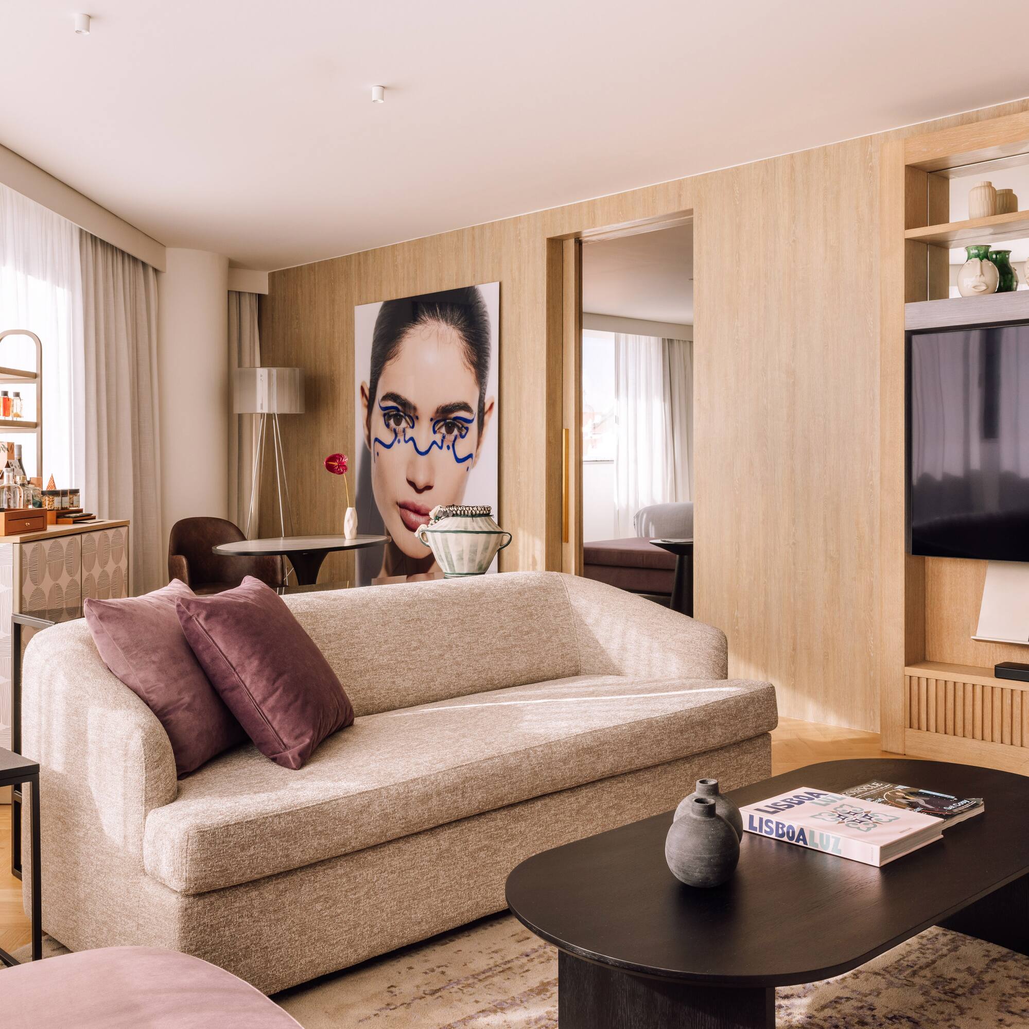 a living room with a couch and a table