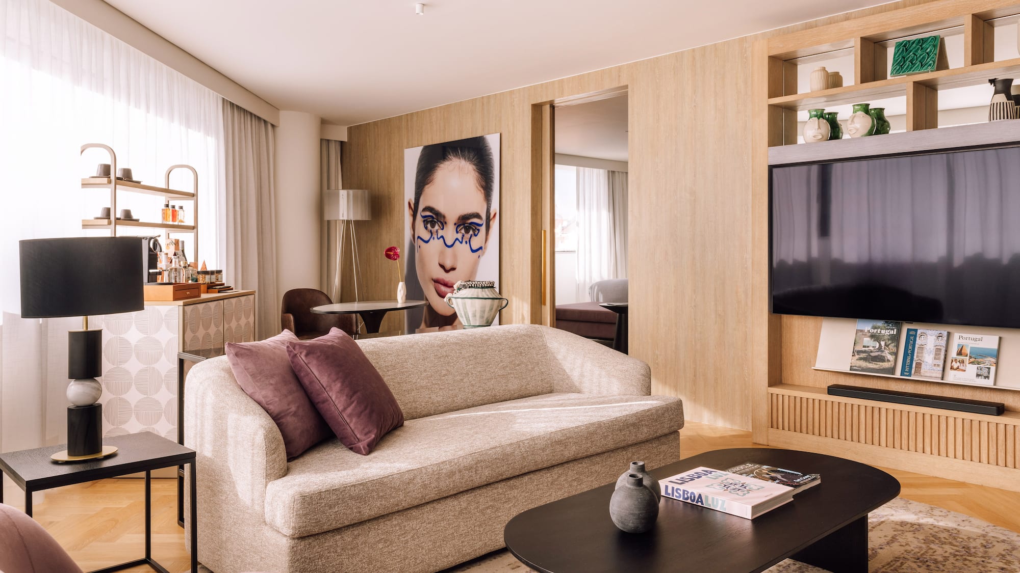 a living room with a couch and a table