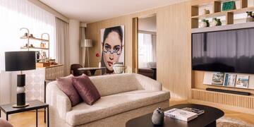 a living room with a couch and a table