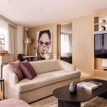 a living room with a couch and a table