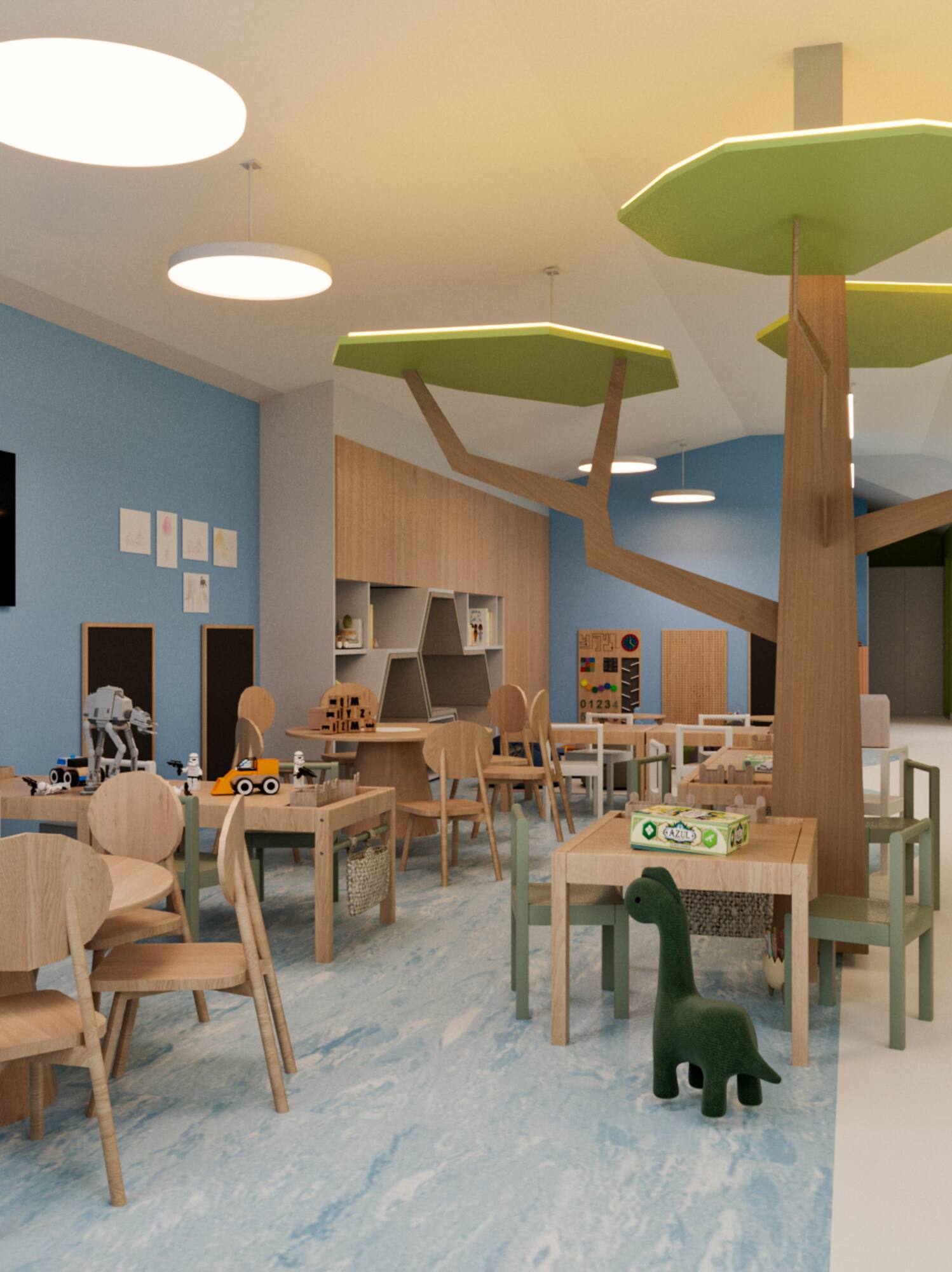 a room with tables and chairs and toys