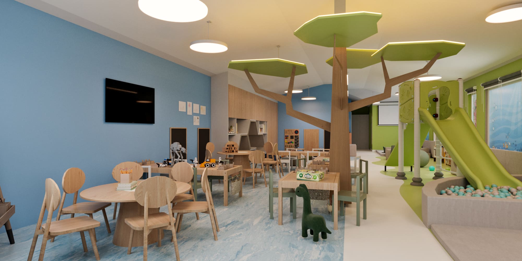 a room with tables and chairs and toys