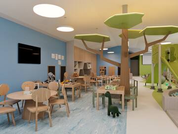 a room with tables and chairs and toys