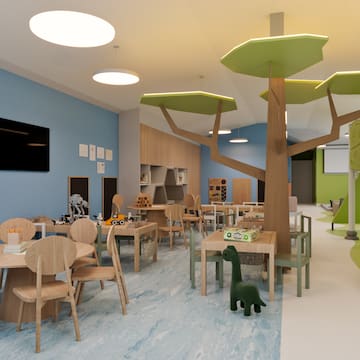 a room with tables and chairs and toys