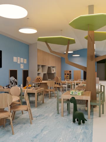 a room with tables and chairs and toys