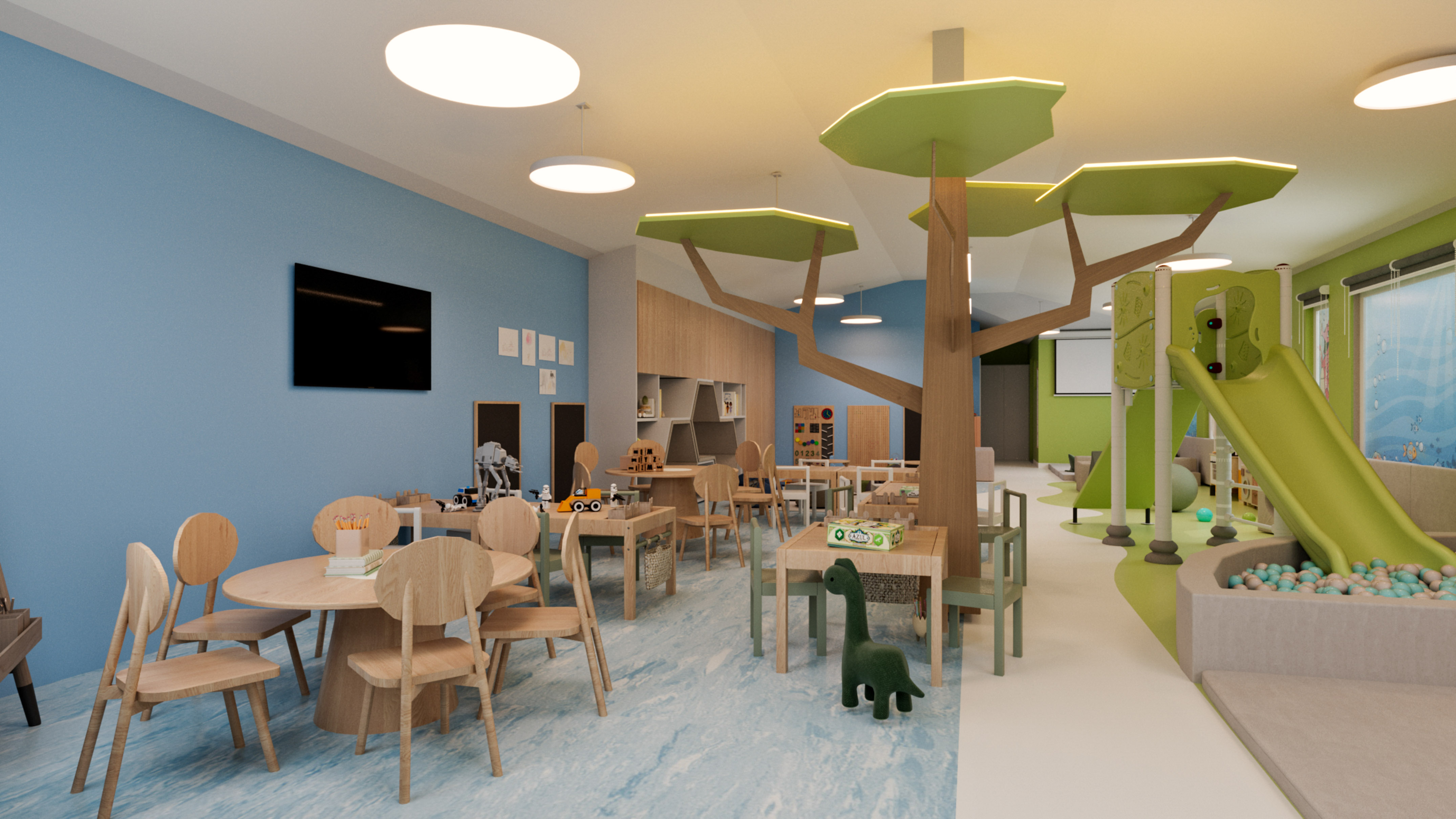 a room with tables and chairs and toys