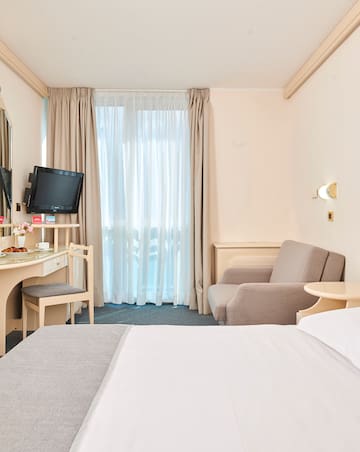 a room with a bed and a desk and a television