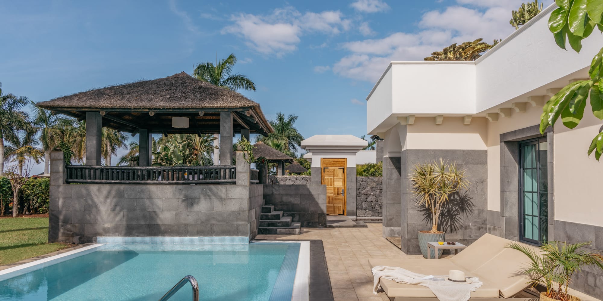 a pool next to a building