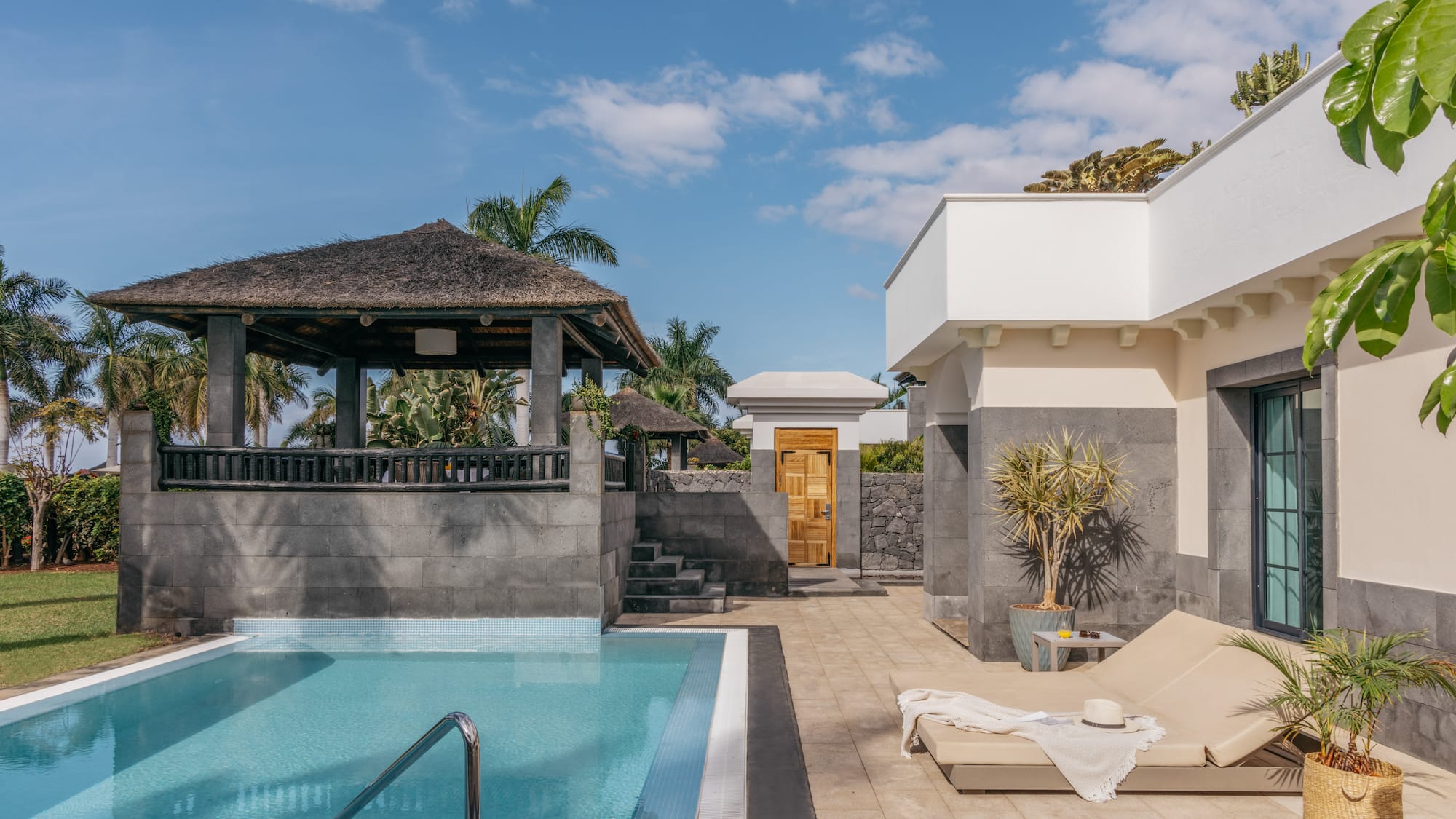 a pool next to a building