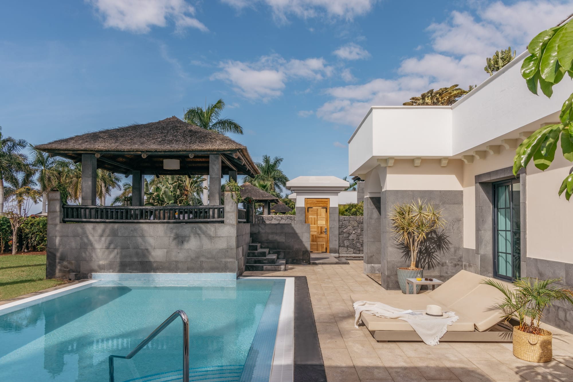 a pool next to a building