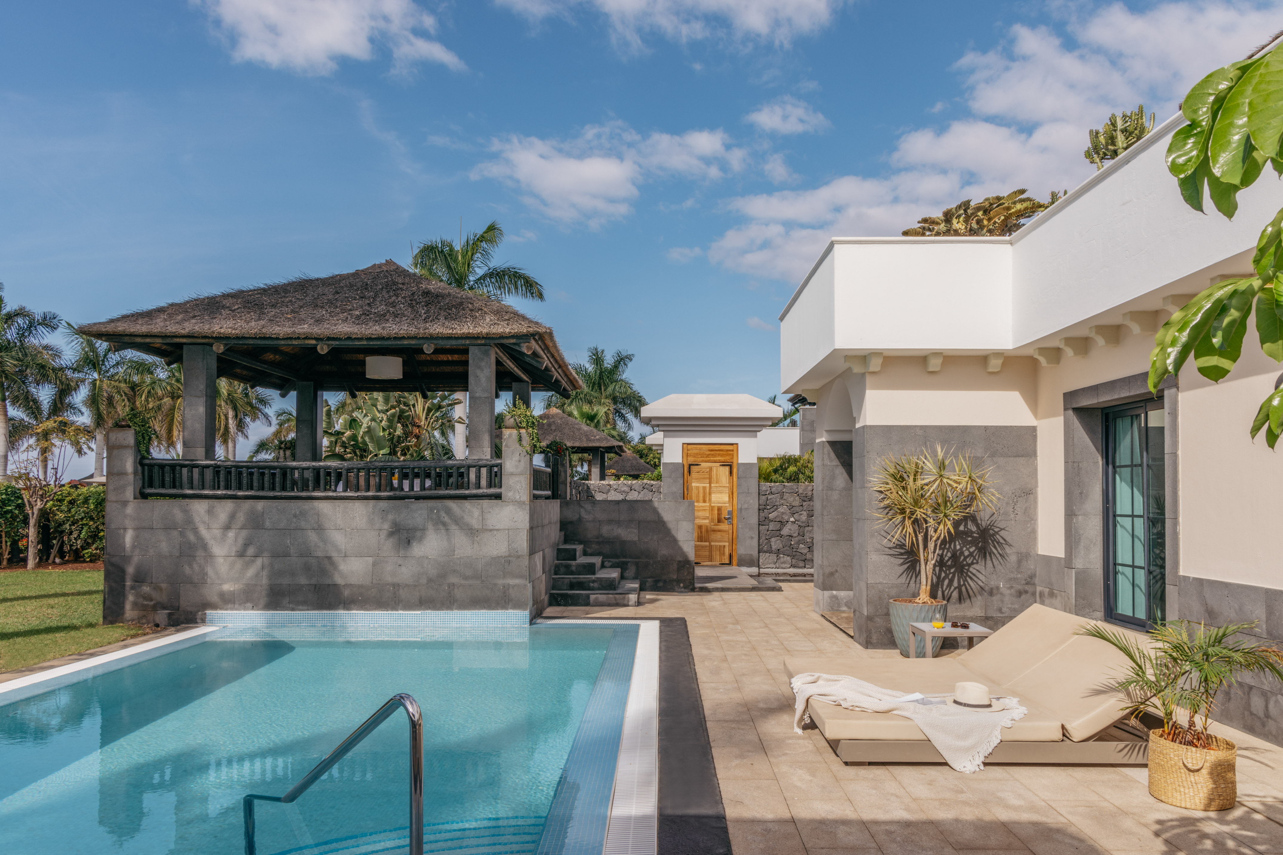 a pool next to a building