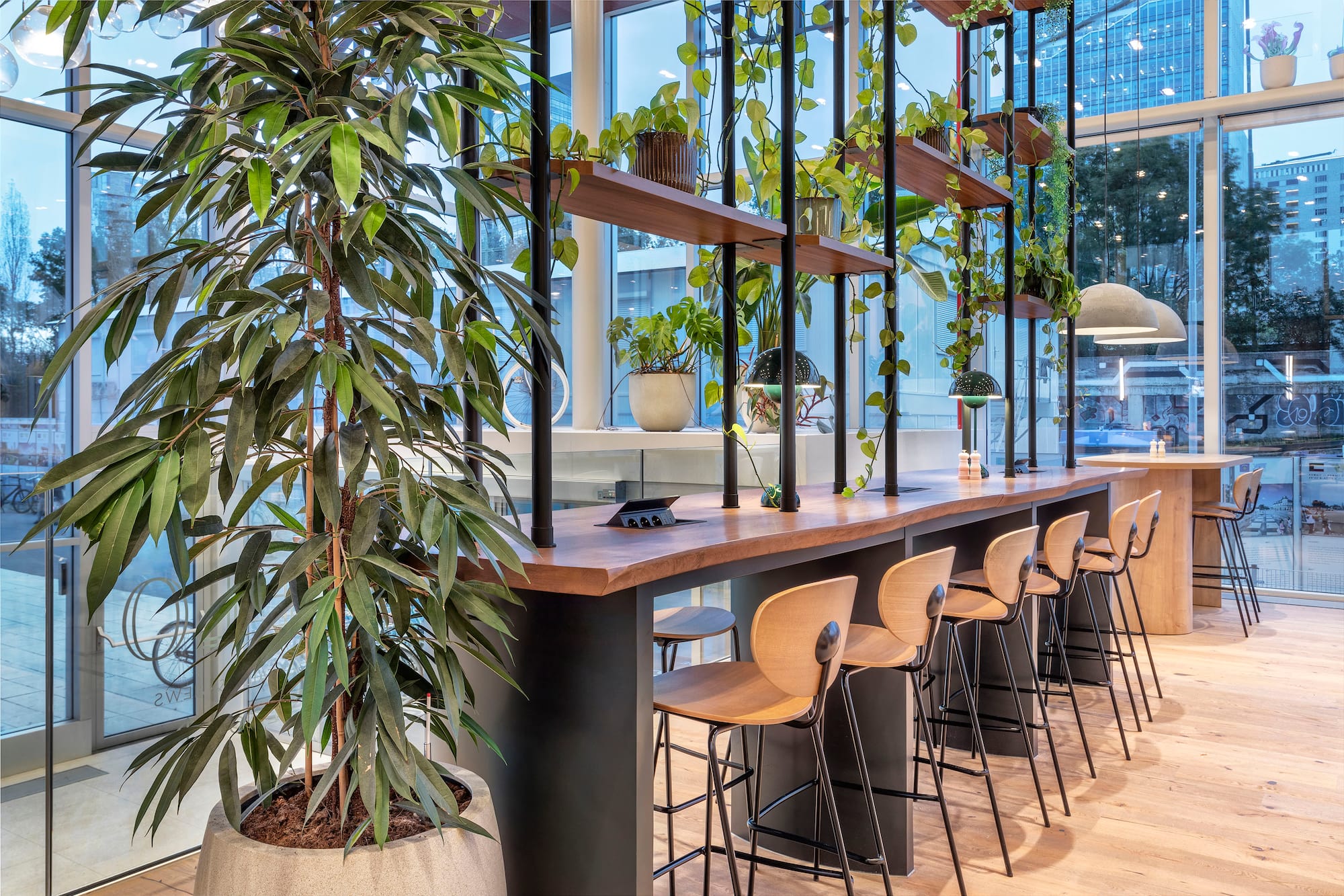 Contemporary office: long wooden table, bar stools, indoor plants, natural light.