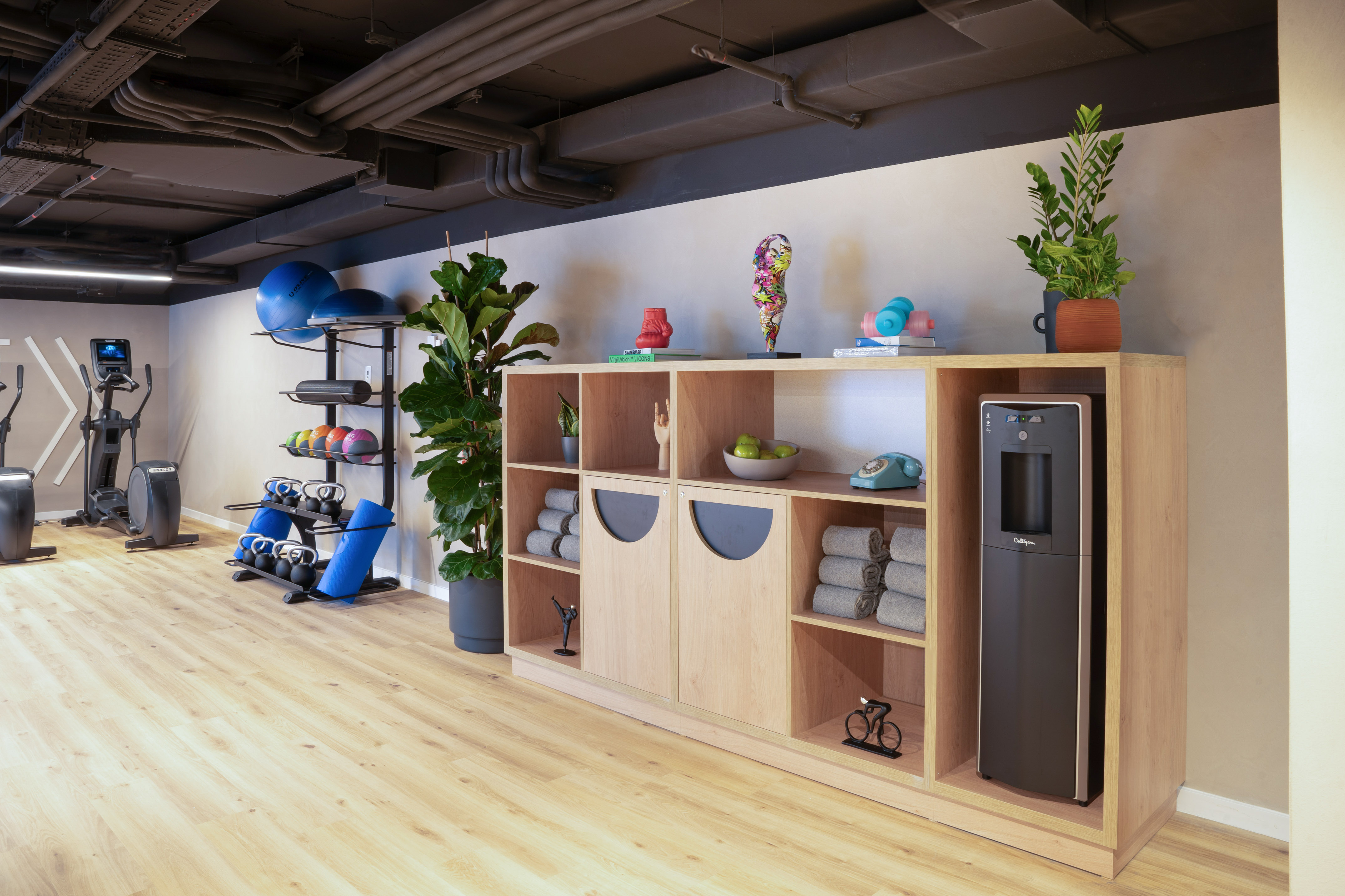 Modern fitness room with cardio, weights, storage unit, and water cooler.