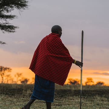 a man in a red and black plaid cape walking in a field
