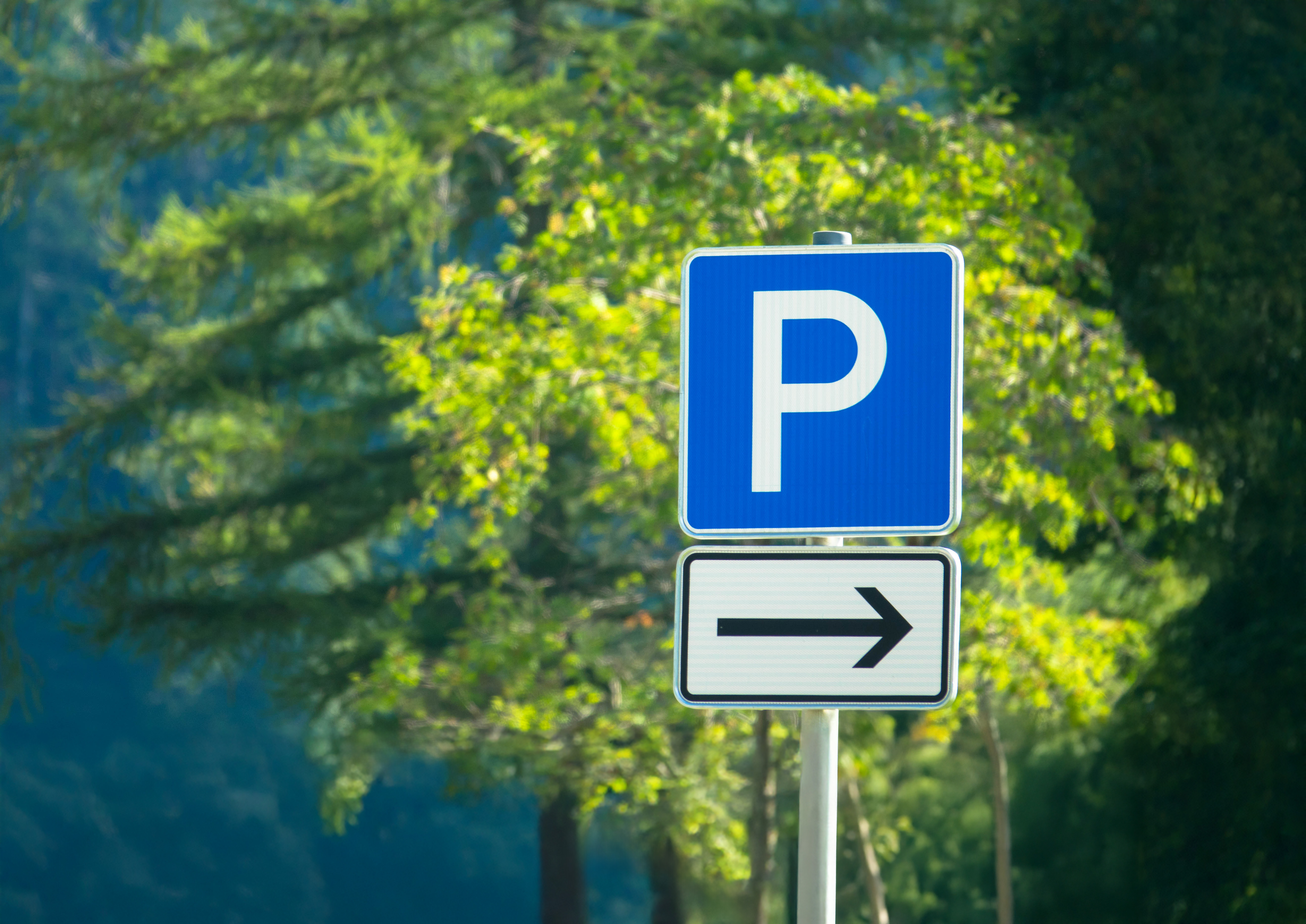 Blue parking P sign with a right arrow, green trees in background.