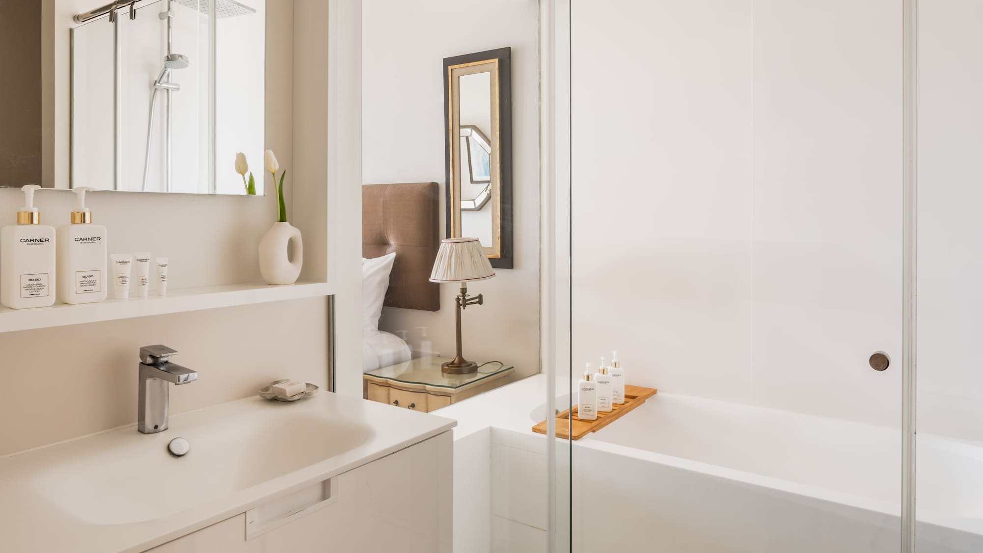 a bathroom with a bathtub and sink