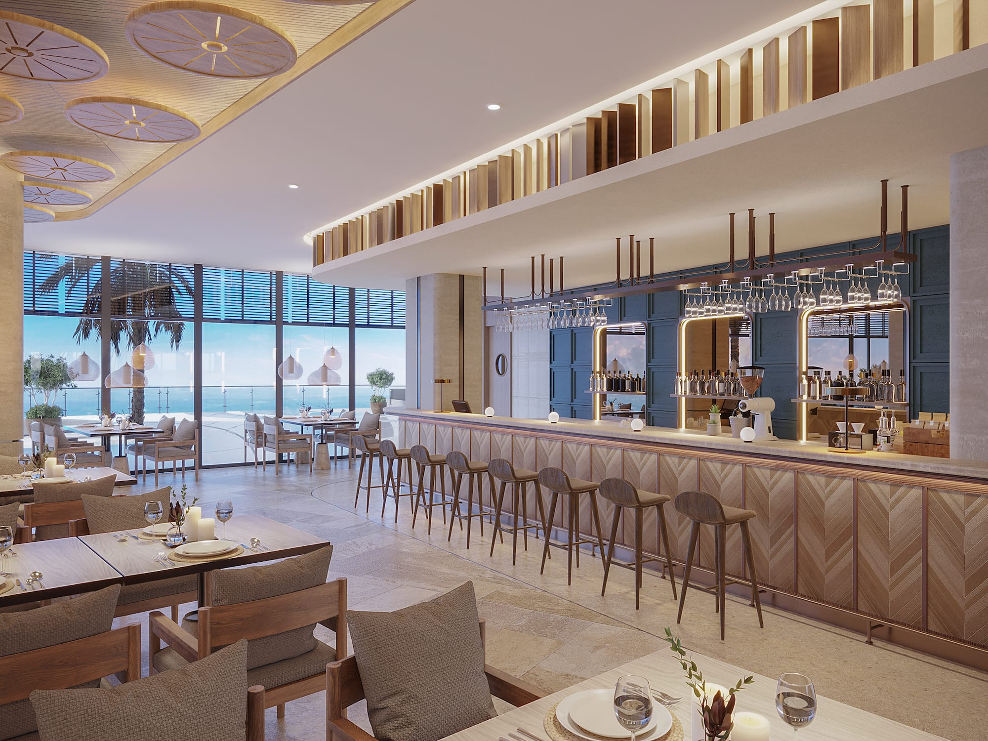 Luxury beachfront restaurant bar with ocean view and modern design.
