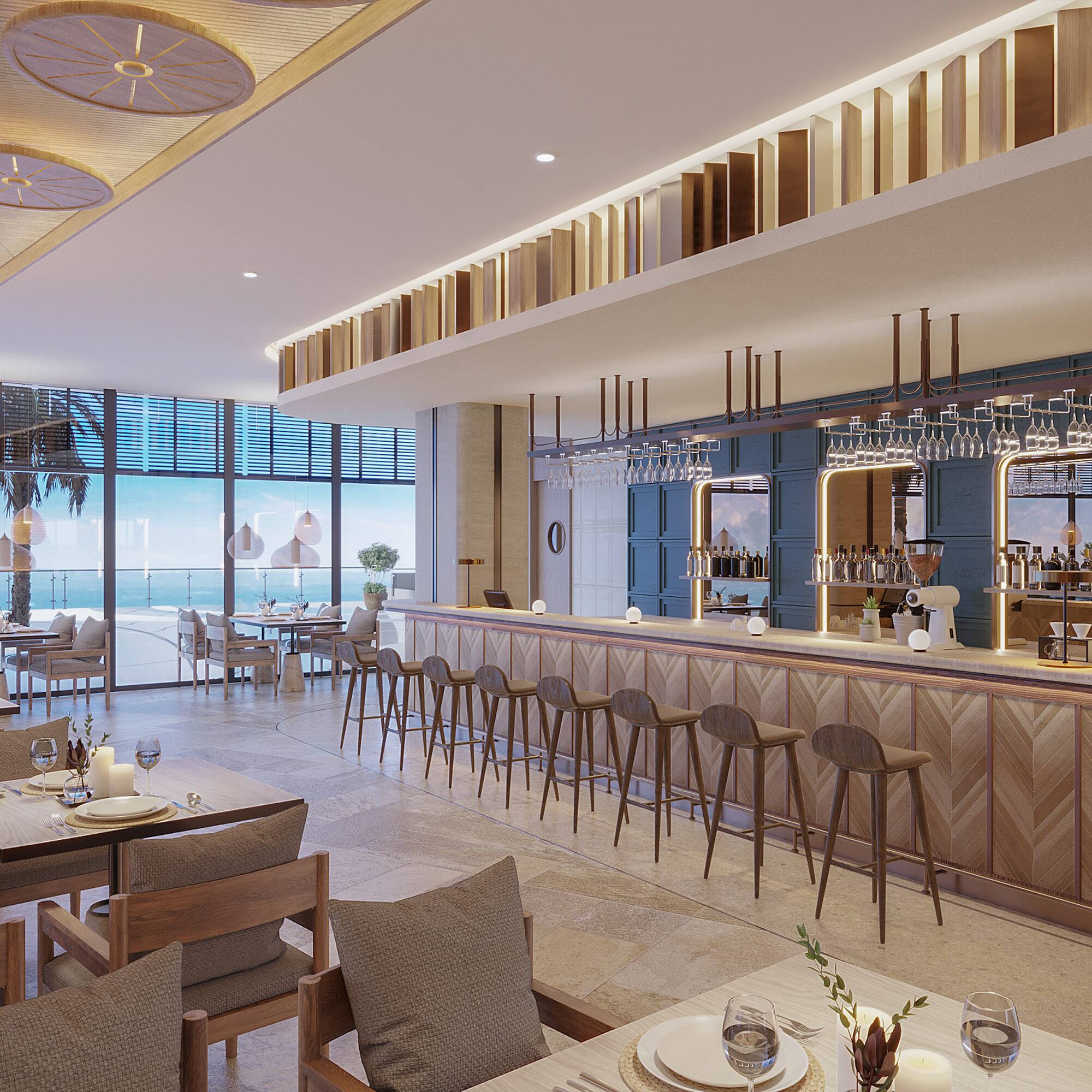 Luxury beachfront restaurant bar with ocean view and modern design.