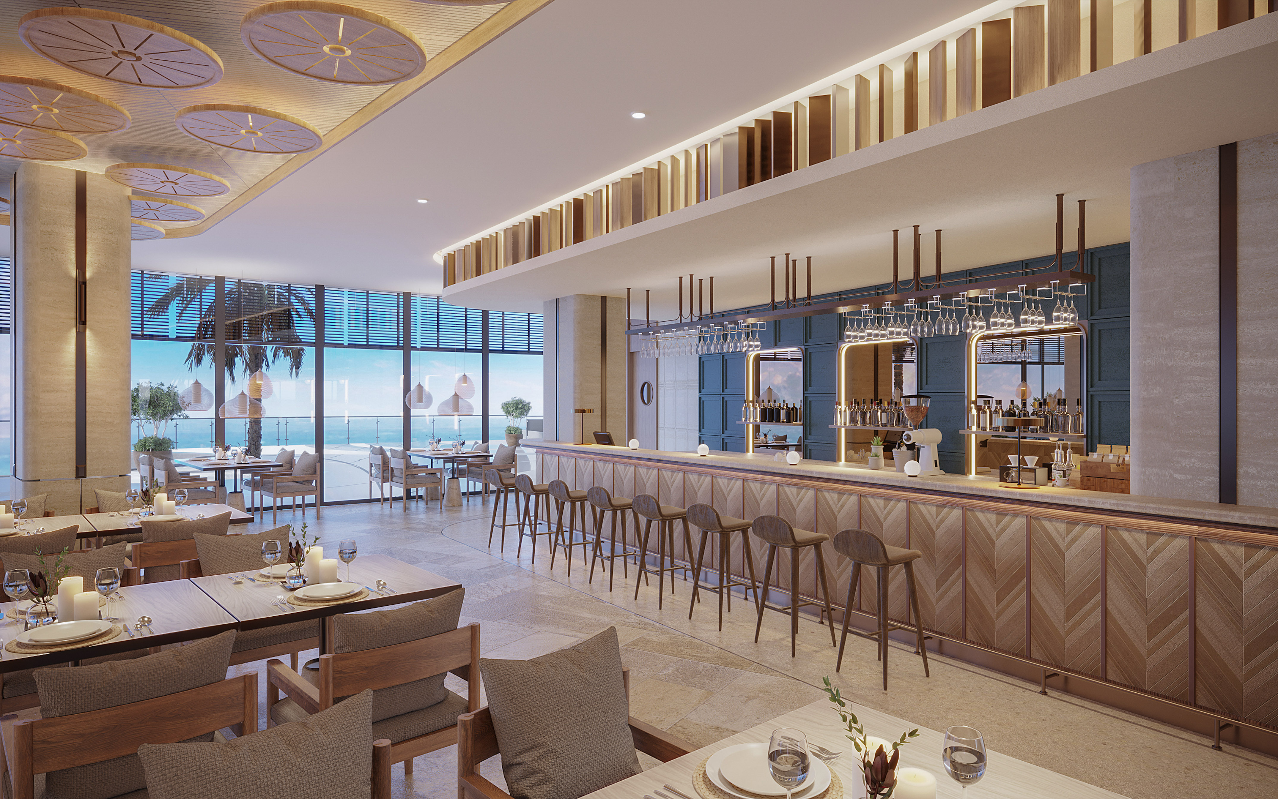 Luxury beachfront restaurant bar with ocean view and modern design.