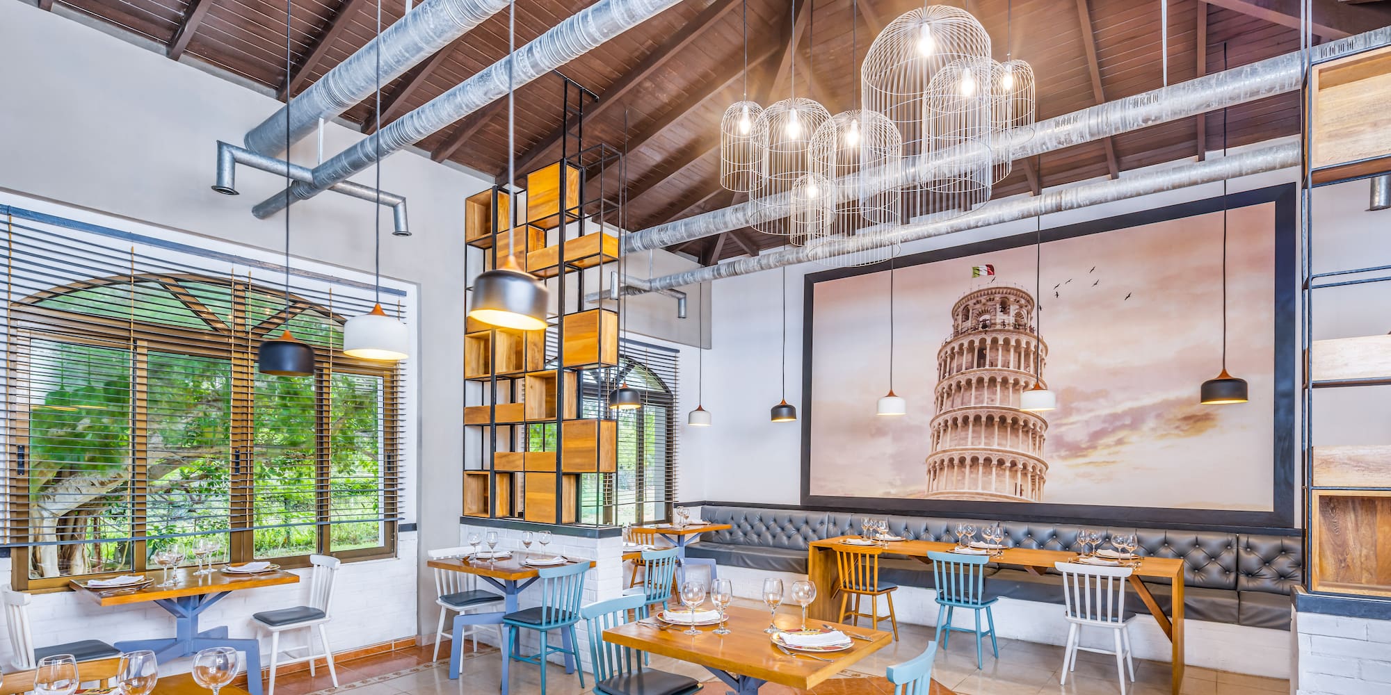 a room with tables and chairs