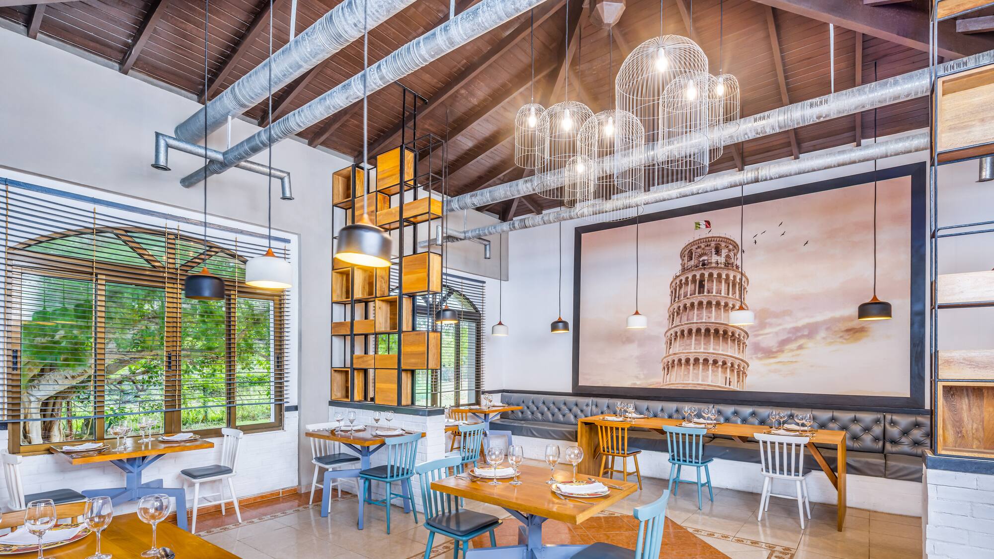 a room with tables and chairs