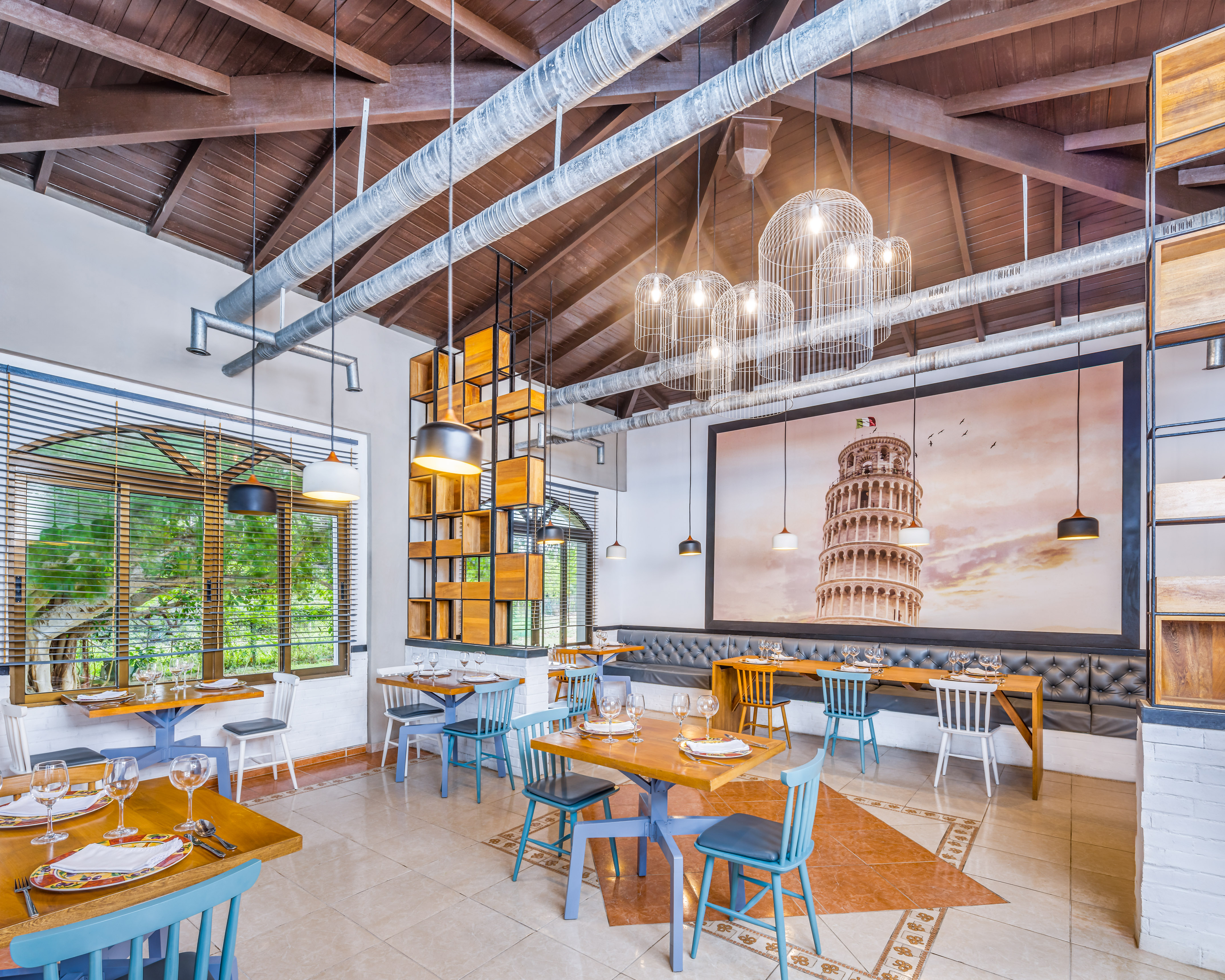 a room with tables and chairs