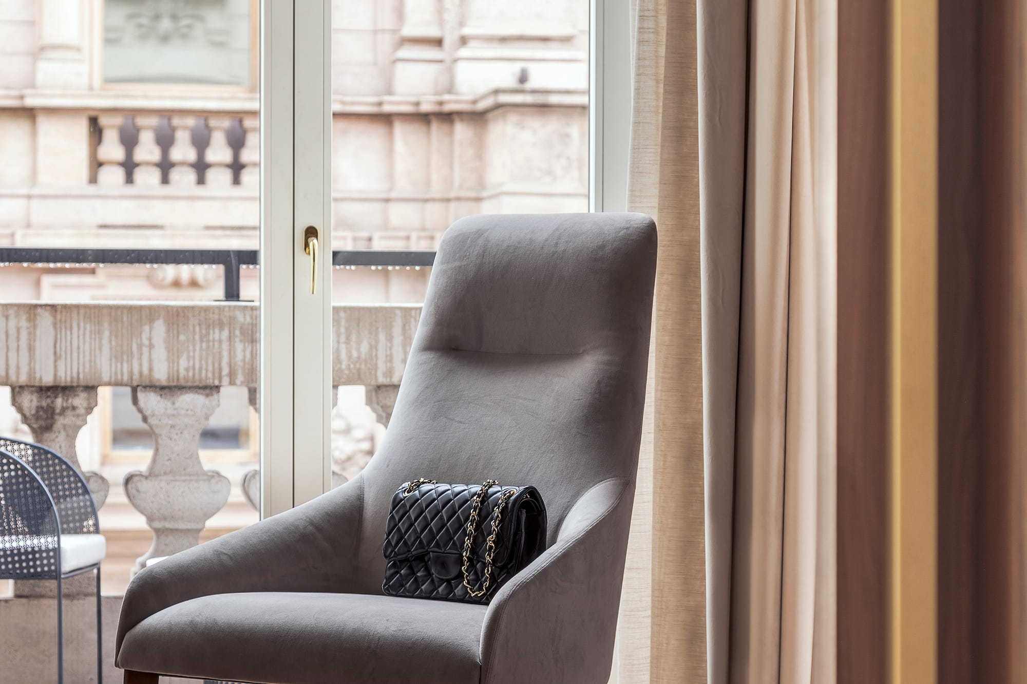 a chair with a purse on it