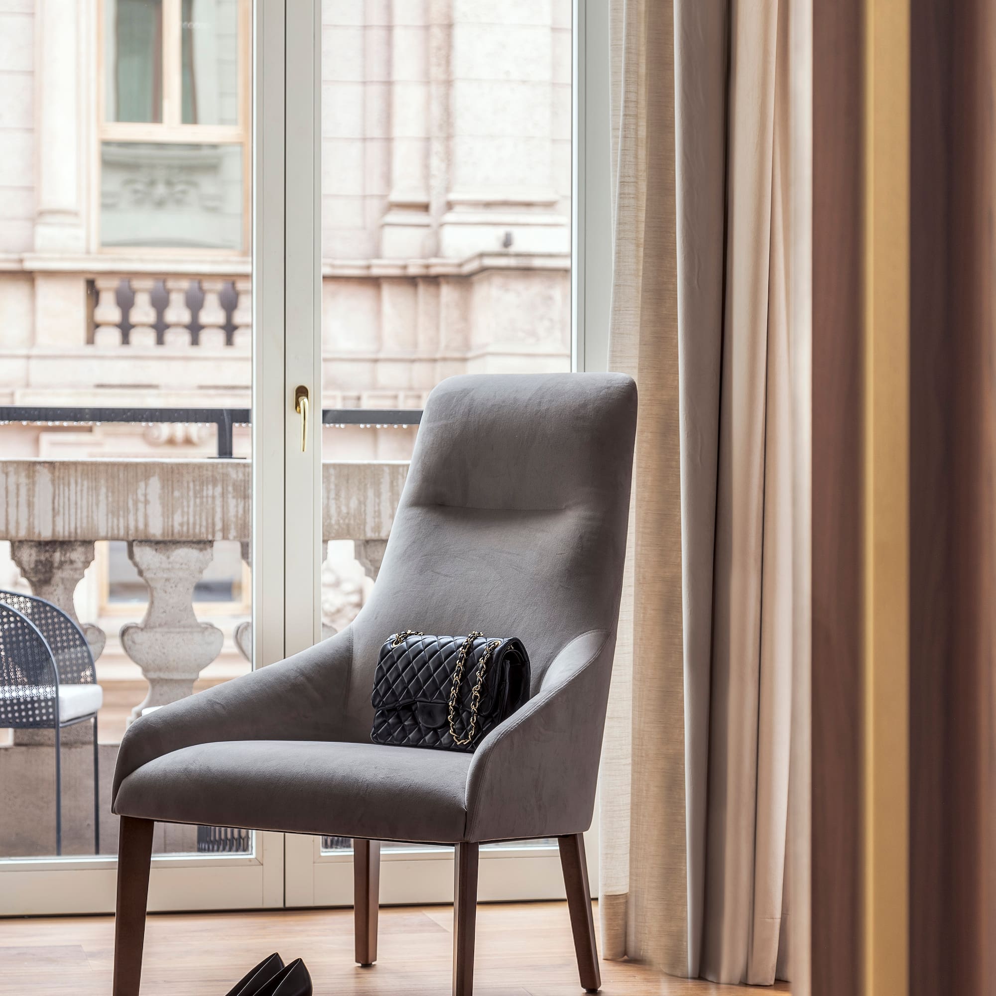 a chair with a purse on it