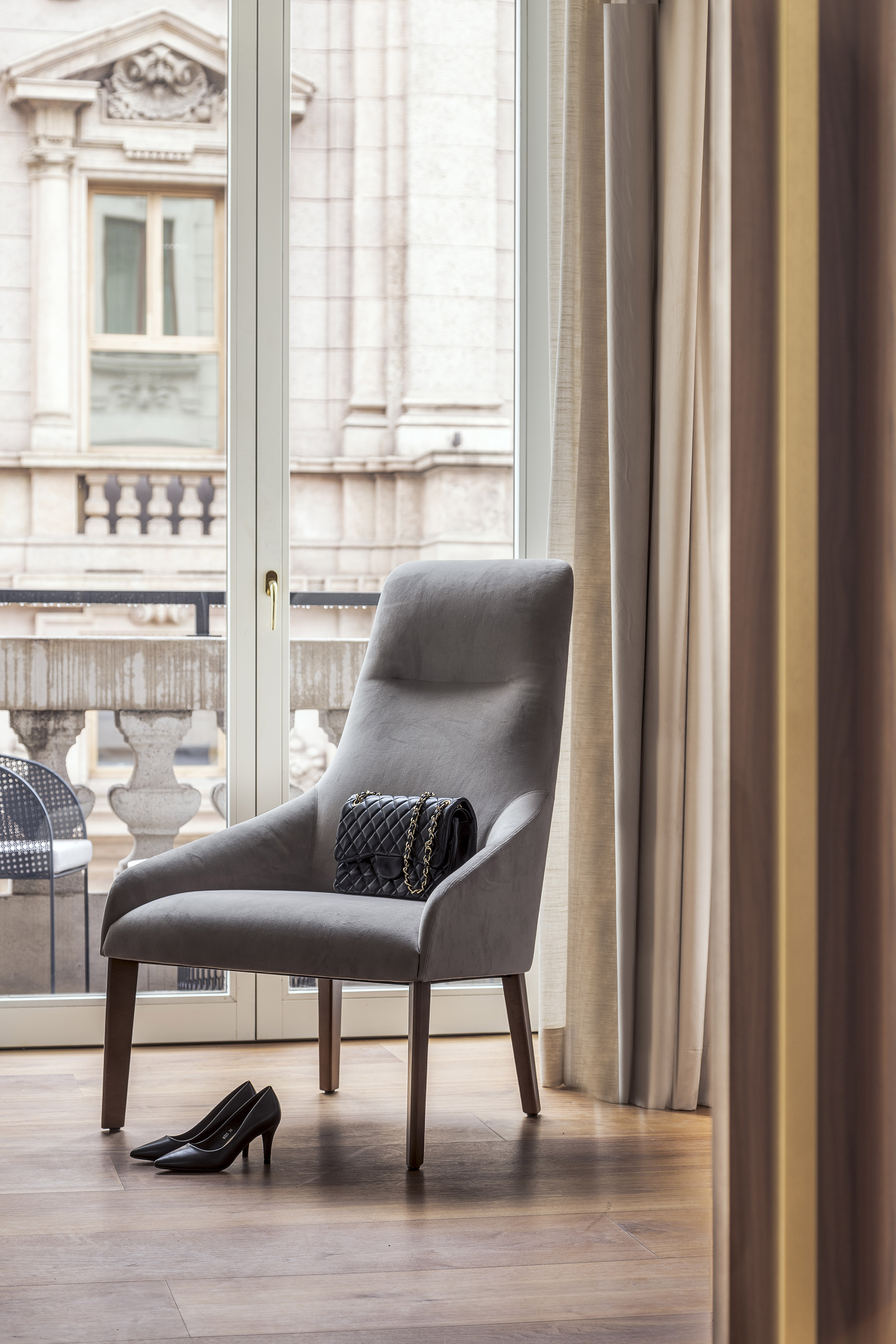 a chair with a purse on it